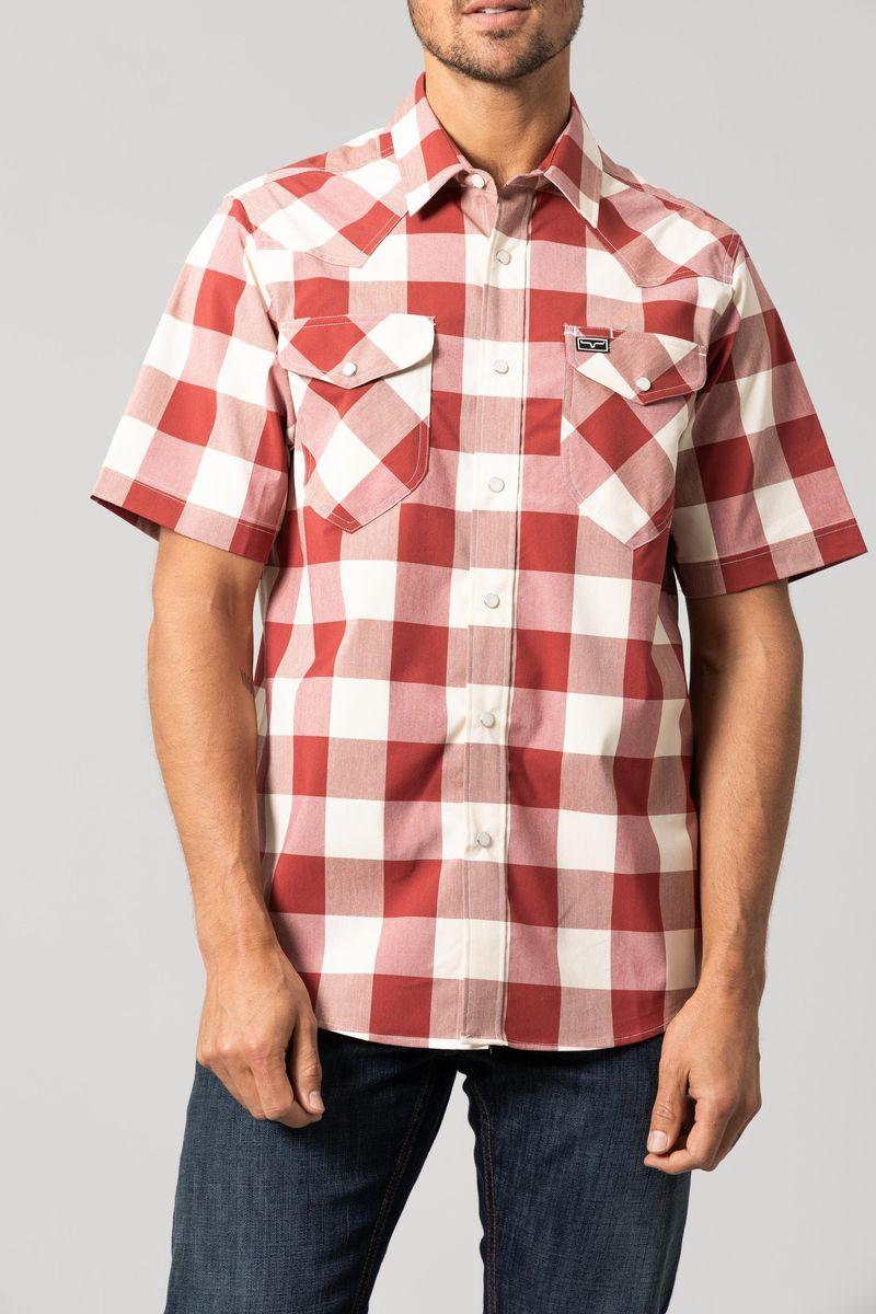 Kimes Ranch Malcom Buffalo Plaid Dress Shirt in Red with short sleeves and two button flap chest pockets