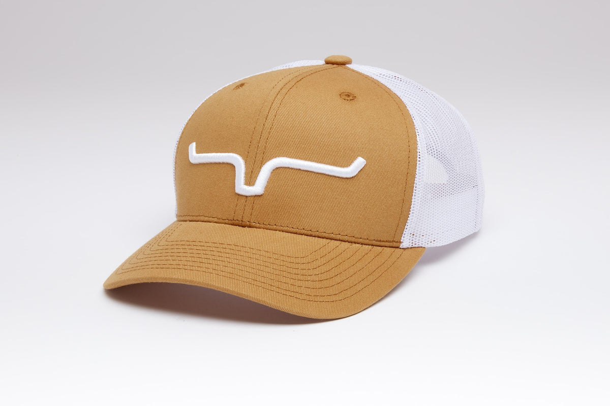 Kimes Ranch Weekly Trucker Hat in Work Wear Brown, side view, with white mesh back and embroidered logo
