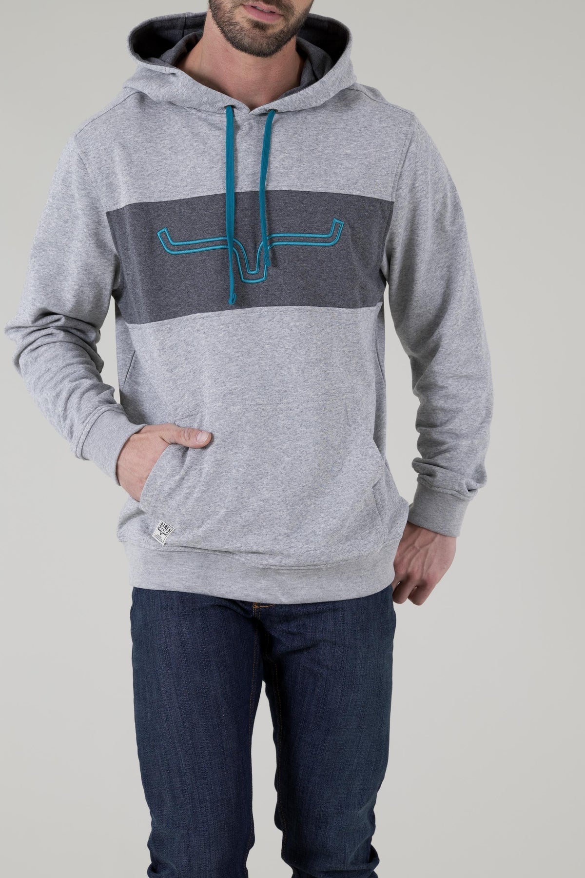 Kimes Ranch Side Winder Hoodie in Grey Heather with a dark grey chest panel and teal embroidered Kimes Ranch logo