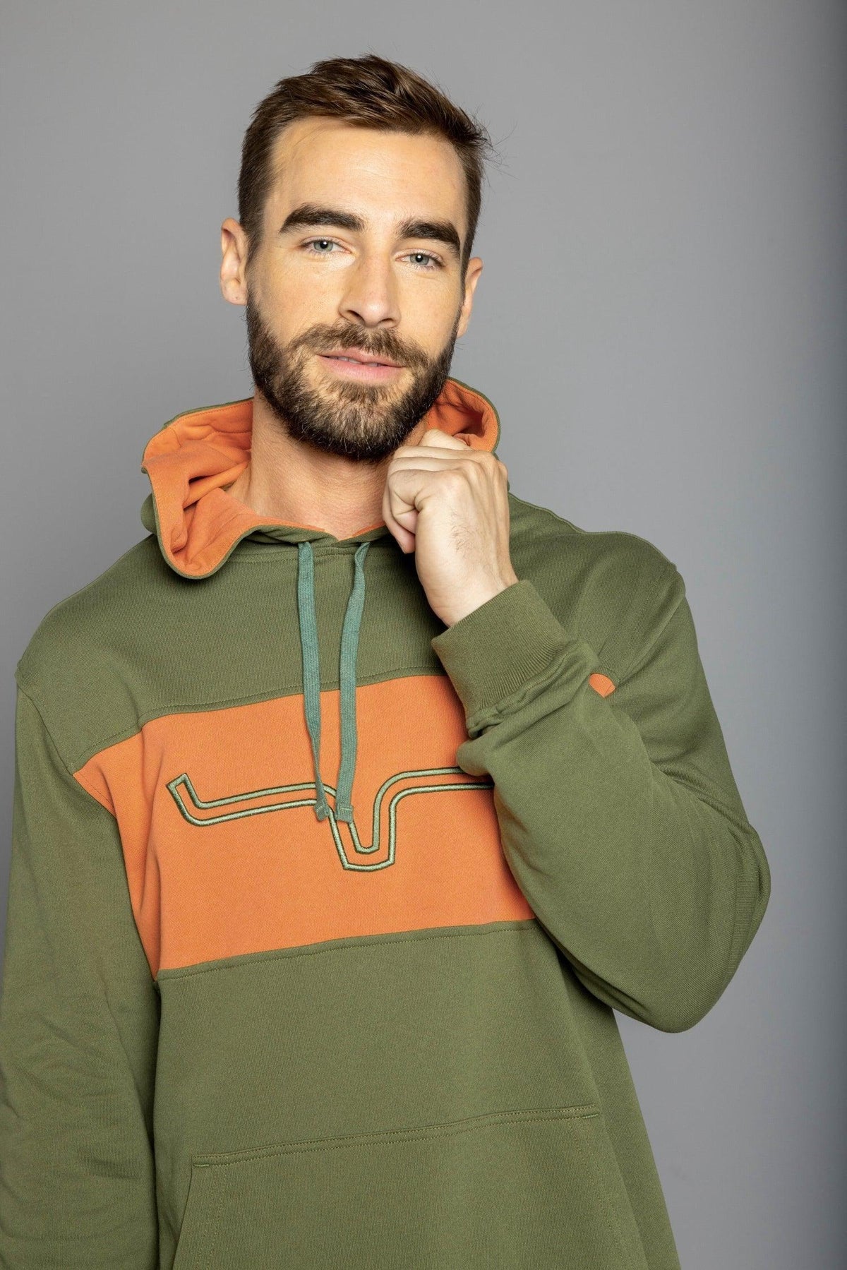Kimes Ranch Side Winder Hoodie in Army with orange chest panel and embroidered steer logo