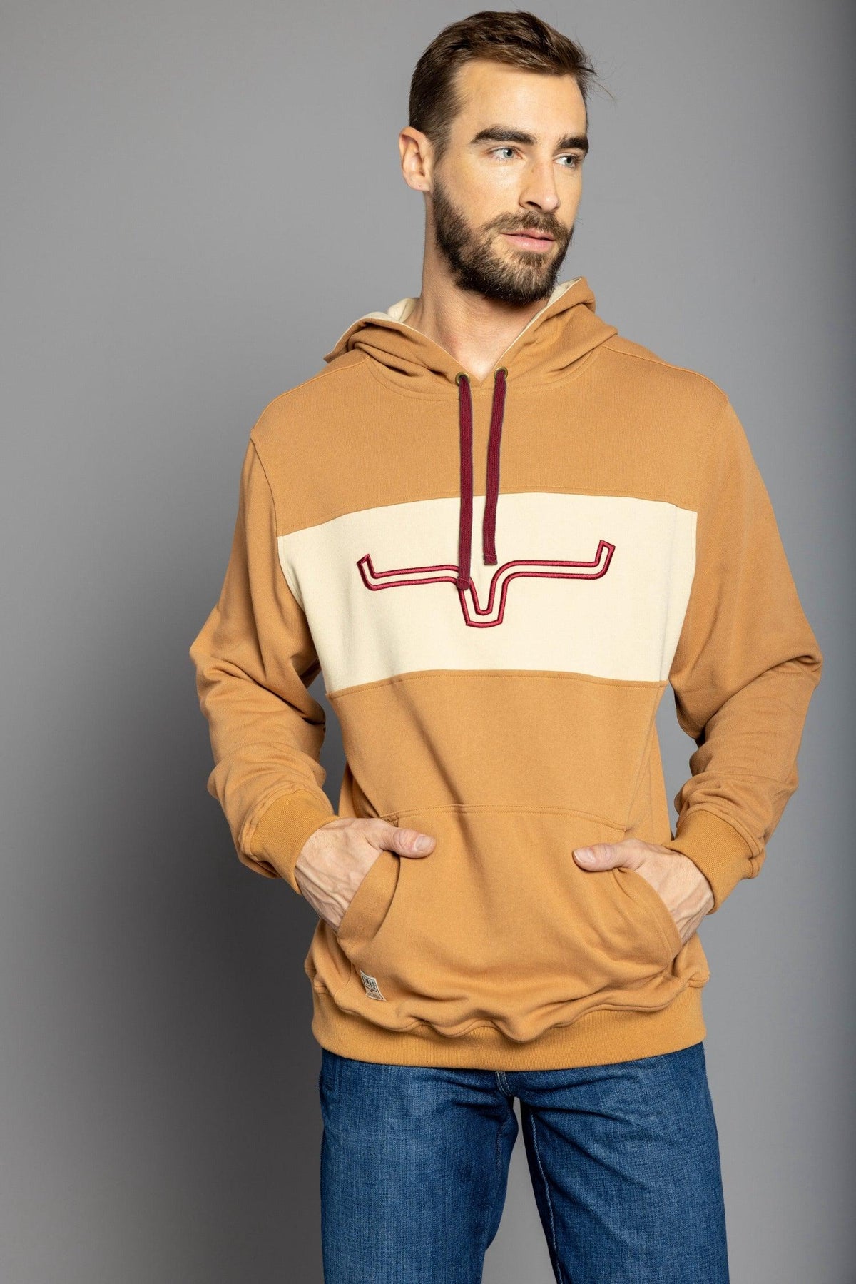 Kimes Ranch Side Winder Hoodie in Work Wear Brown with a cream chest panel and red longhorn logo