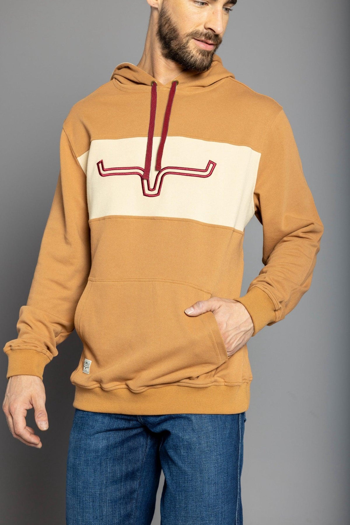 Kimes Ranch Side Winder Hoodie in Work Wear Brown with a cream chest panel and embroidered steer logo