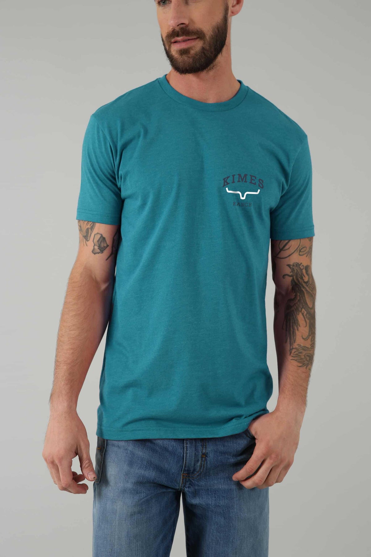 Kimes Ranch Since 2009 Shirt in Teal with a crew neck and short sleeves featuring the Kimes Ranch logo on the chest