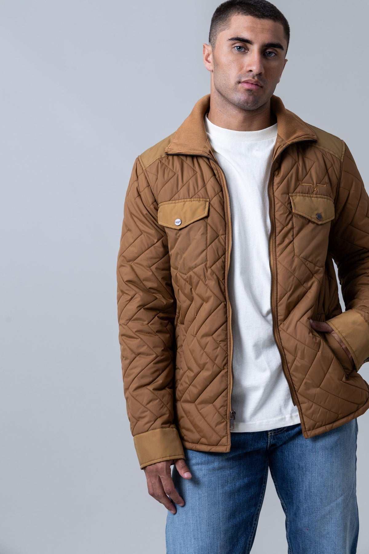Kimes Ranch Skink Jacket in Work Wear Brown with quilted chevron pattern and collar