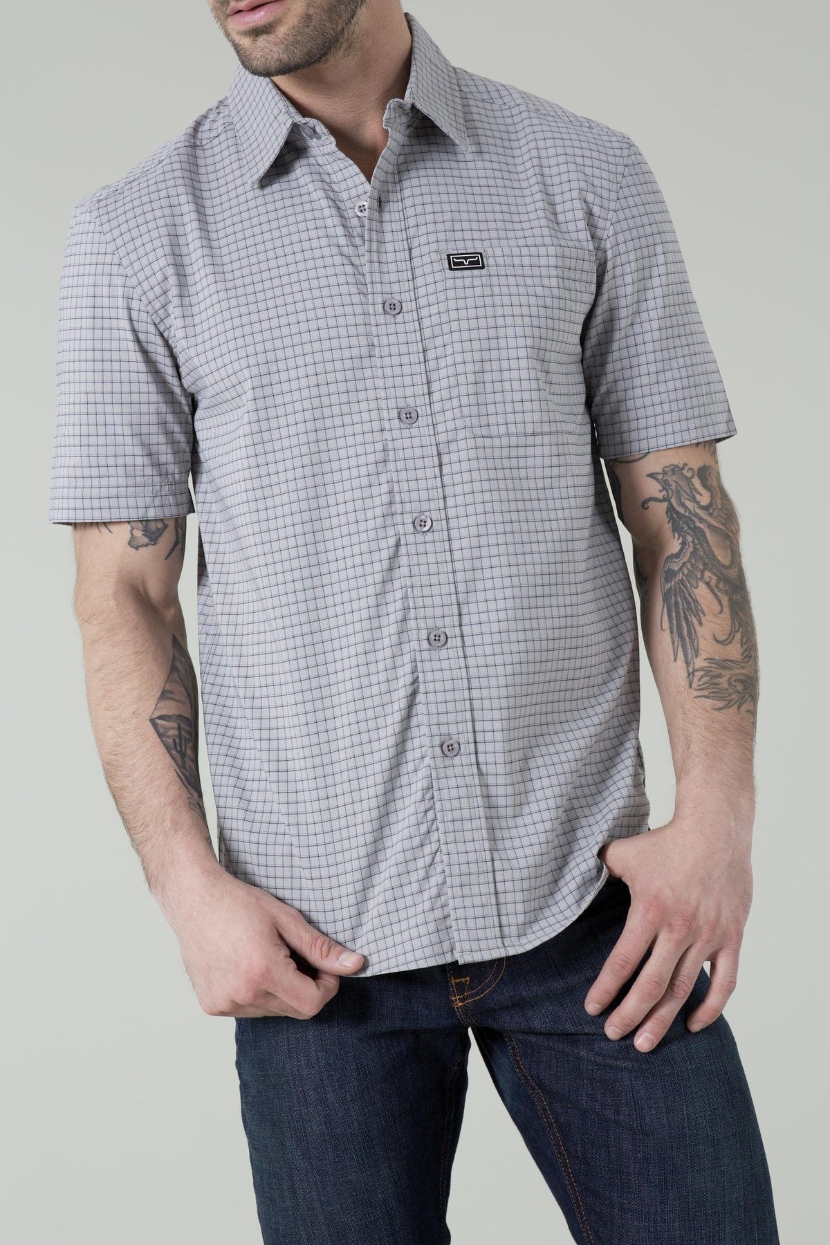 Kimes Ranch Spyglass Short Sleeve Dress Shirt in Grey with a grid pattern and chest pocket