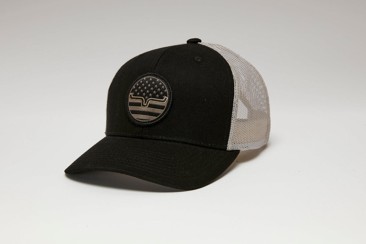 Kimes Ranch Stars N Stripes Hat in Black with a front patch featuring the Kimes Ranch logo and American flag design