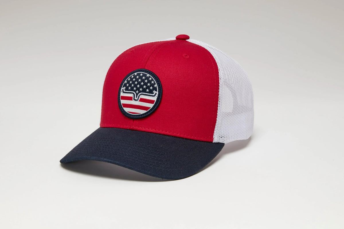Kimes Ranch Stars N Stripes Hat in Red with navy brim and white mesh back featuring a circular American flag patch