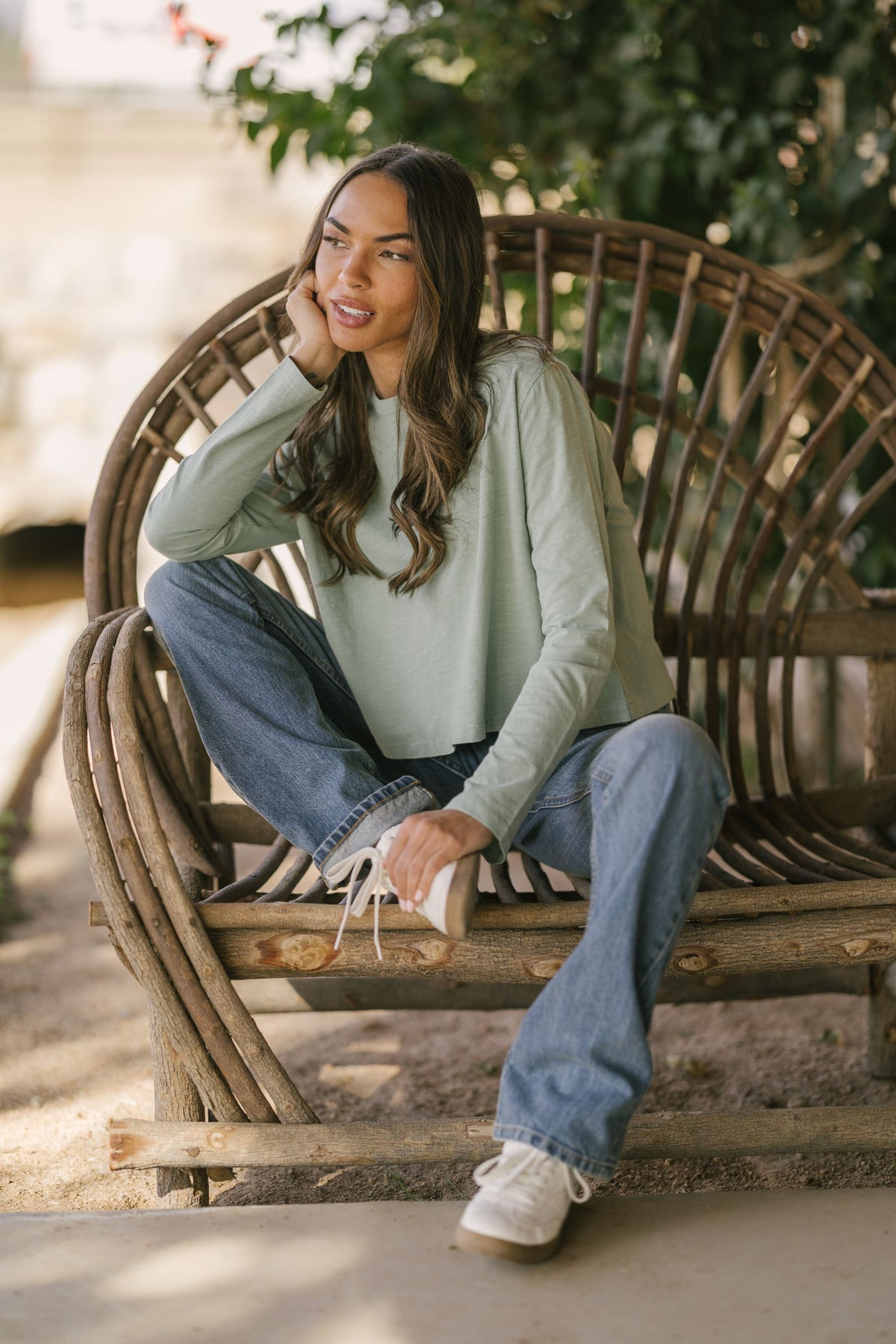 Kimes Ranch Tackroom shirt in Grey Sage with long sleeves and a crew neck