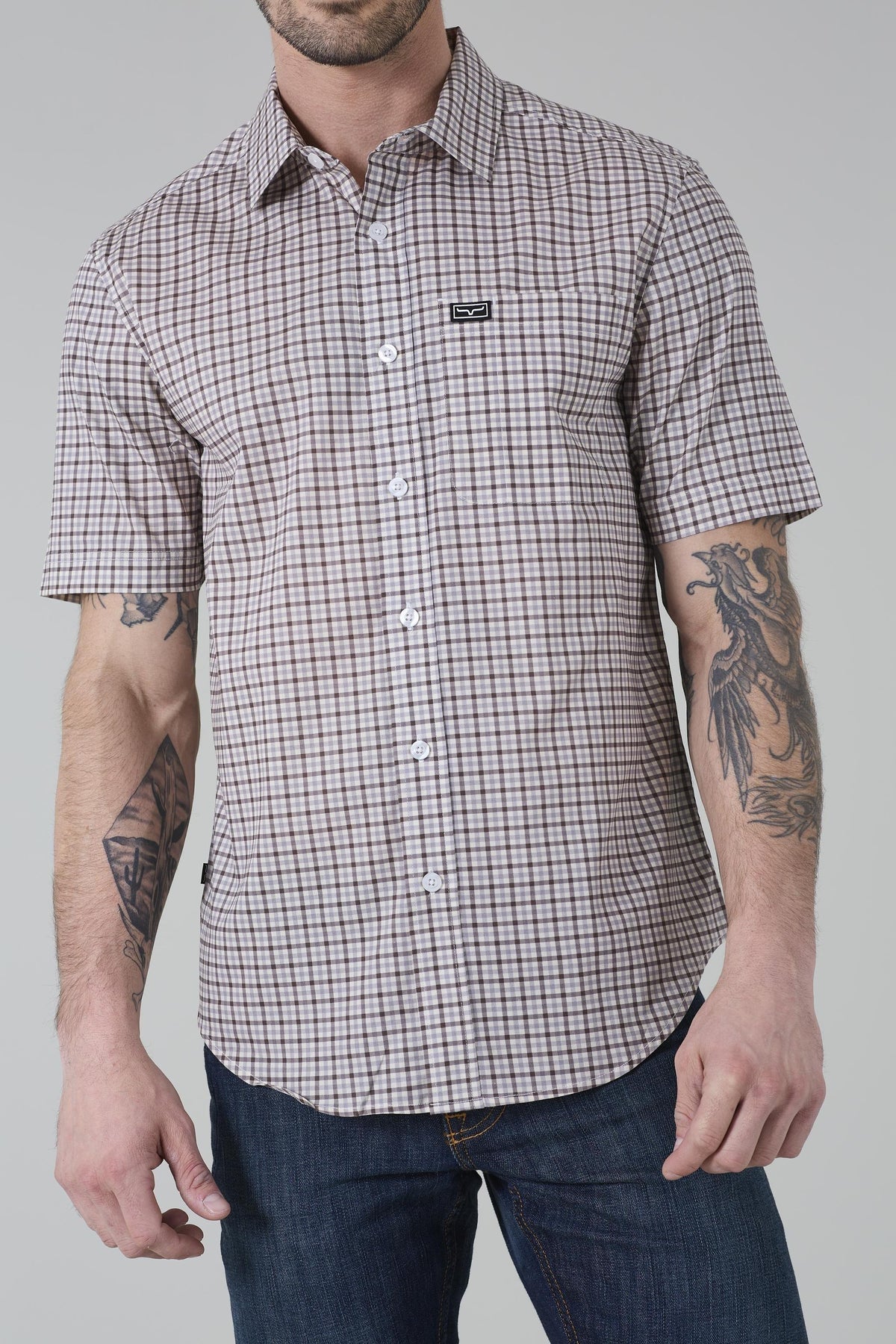 Kimes Ranch Tucco Mini Check Dress Shirt in Grey with short sleeves and a chest pocket