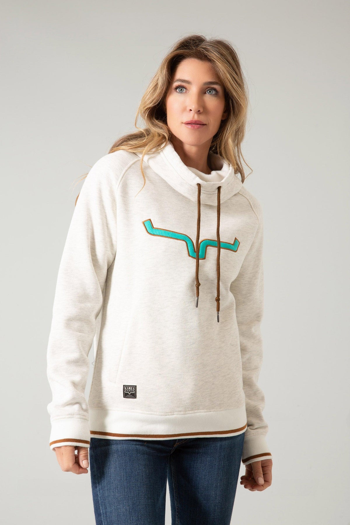 Kimes Ranch Two Scoops Hoodie in Oatmeal with turquoise steer horn graphic and brown drawstrings