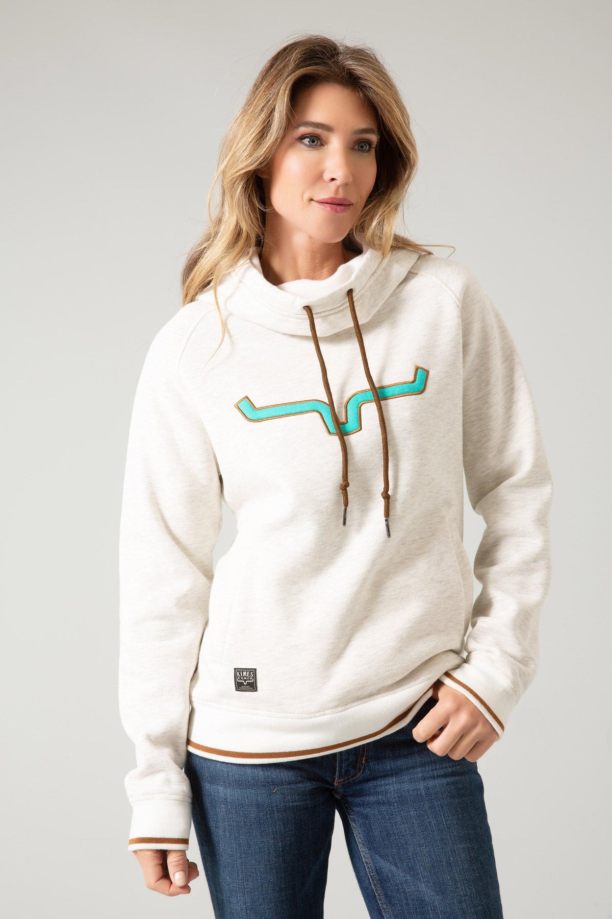 Kimes Ranch Two Scoops Hoodie in Oatmeal with a turquoise longhorn logo and brown drawstrings