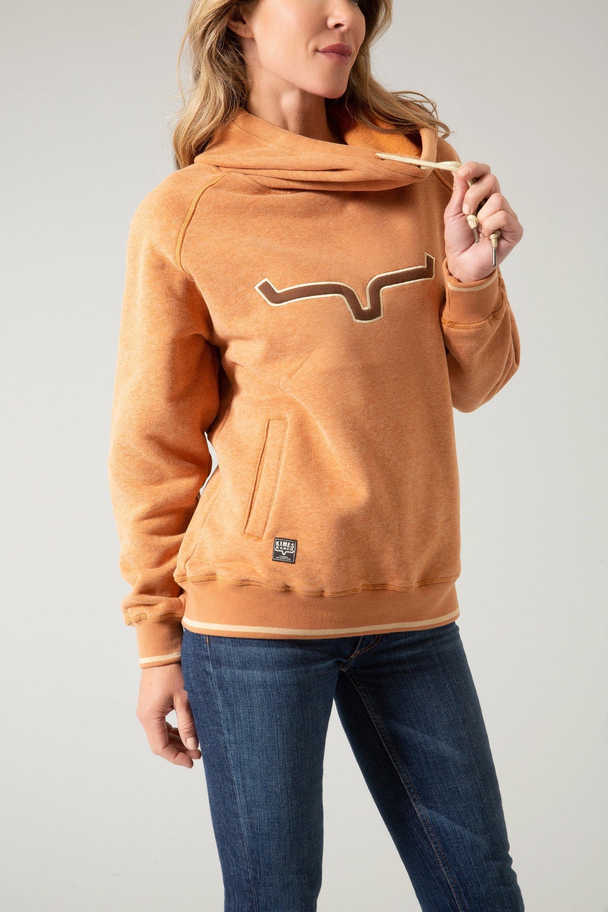 Kimes Ranch Two Scoops Hoodie in Rusty Heather, side view, with a cowl neck and longhorn logo