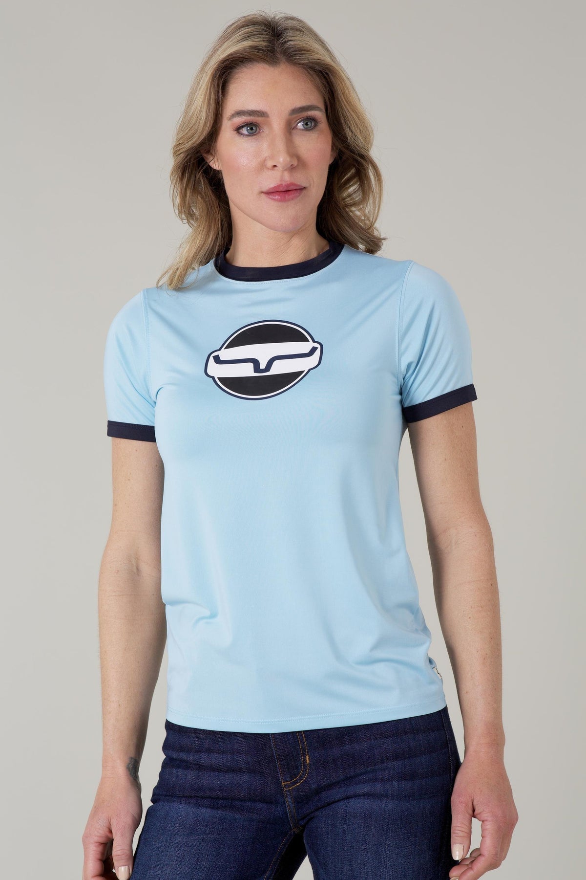Kimes Ranch Union Made Ringer Tech Tee Shirt in Lt Blue with navy trim and a graphic logo on the chest