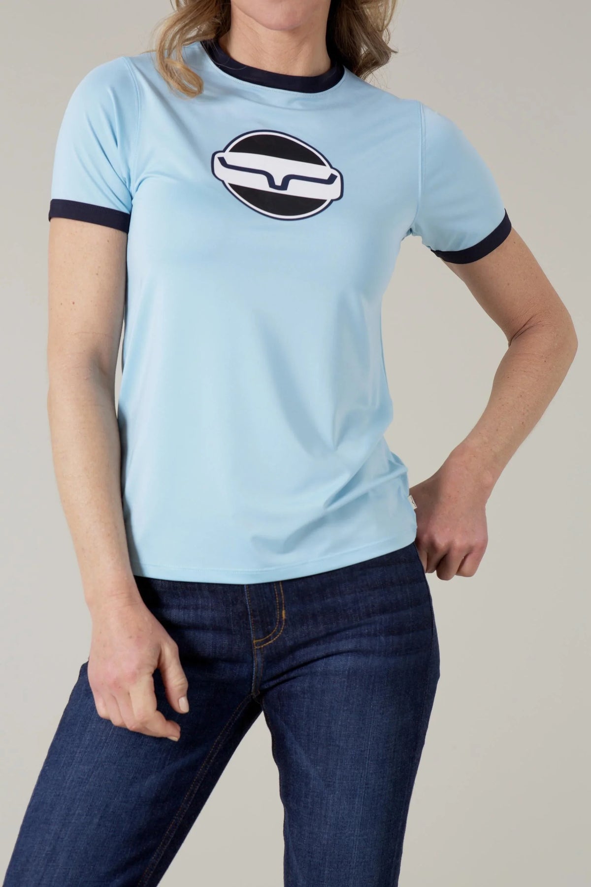 Kimes Ranch Union Made Ringer Tech Tee Shirt in Lt Blue with navy trim and a graphic logo on the chest