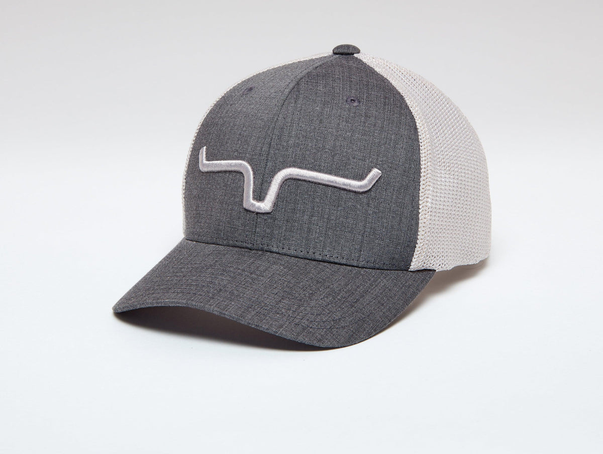 Kimes Ranch Upgrade Weekly 110 Hat in Charcoal, side view, with a mesh back and the Kimes Ranch logo embroidered on the front