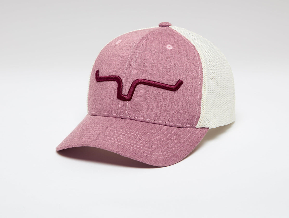 Kimes Ranch Upgrade Weekly 110 Hat in Rose, side view, with embroidered logo on front and white mesh back