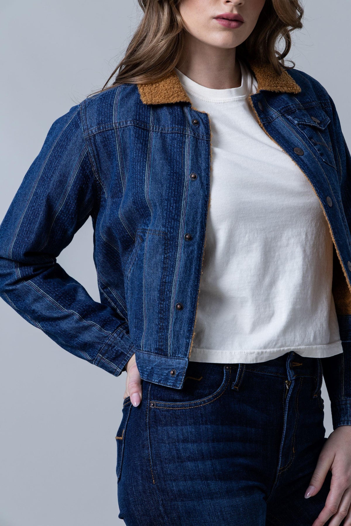 Kimes Ranch Vaquero Trucker jacket in Dark Indigo with sherpa collar and button front
