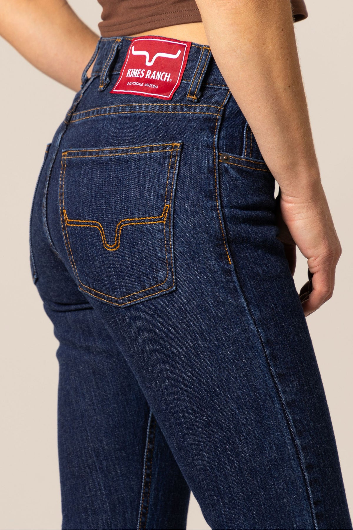 Kimes Ranch Wayne Slim Bootcut jeans with back pocket and red Kimes Ranch logo patch
