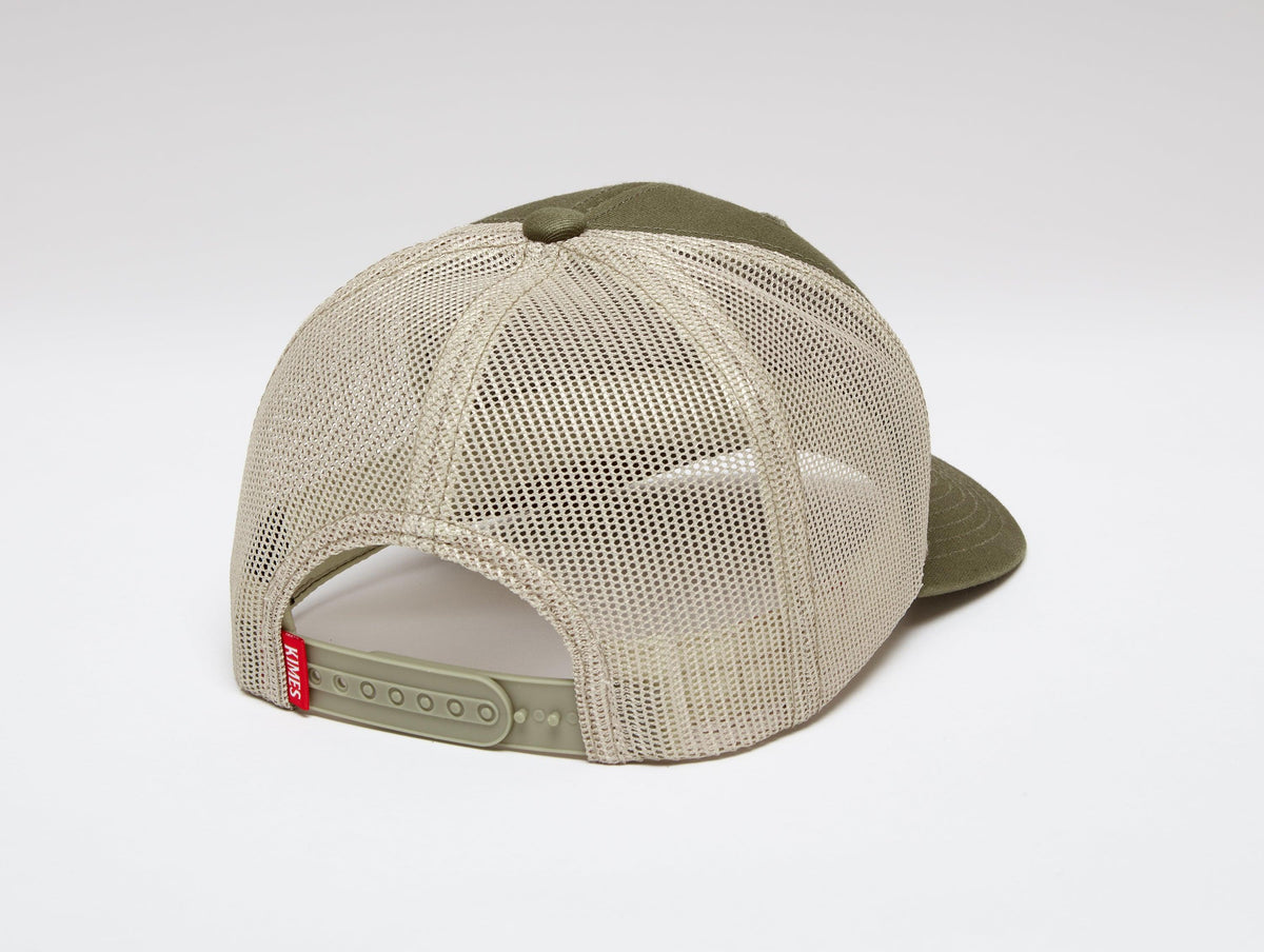 Kimes Ranch Weekly Trucker Hat in Moss, back view, with mesh back and adjustable strap