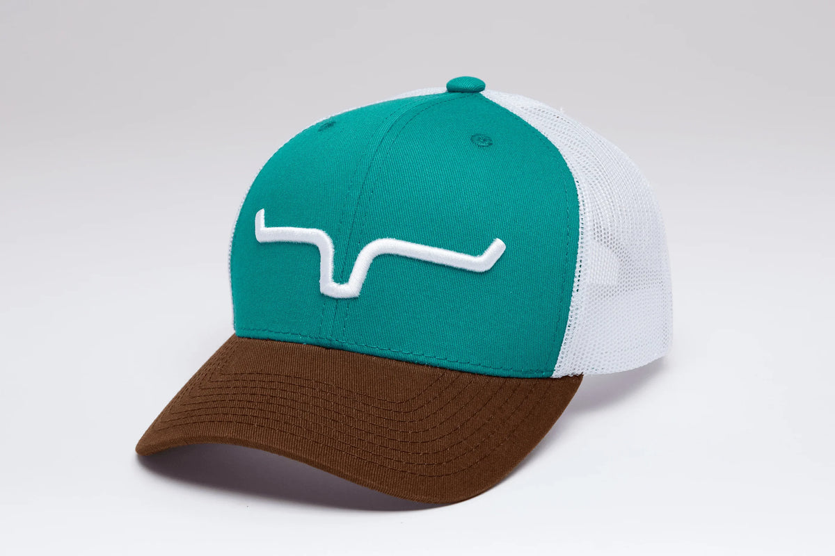 Kimes Ranch Weekly Trucker Hat in Split Teal, side view, with white mesh back and brown brim featuring the Kimes Ranch logo