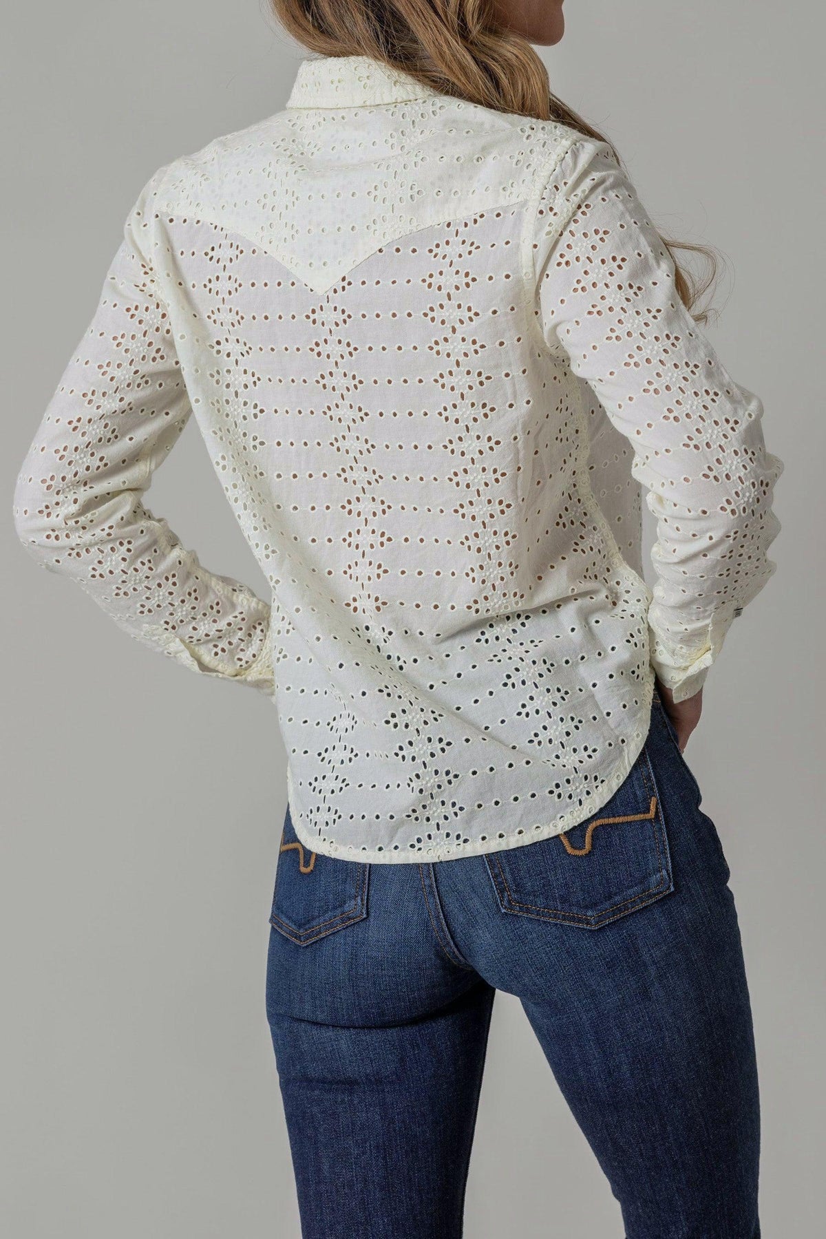 Kimes Ranch Rachel Eyelet Blouse, back view, in cream with long sleeves and a back yoke