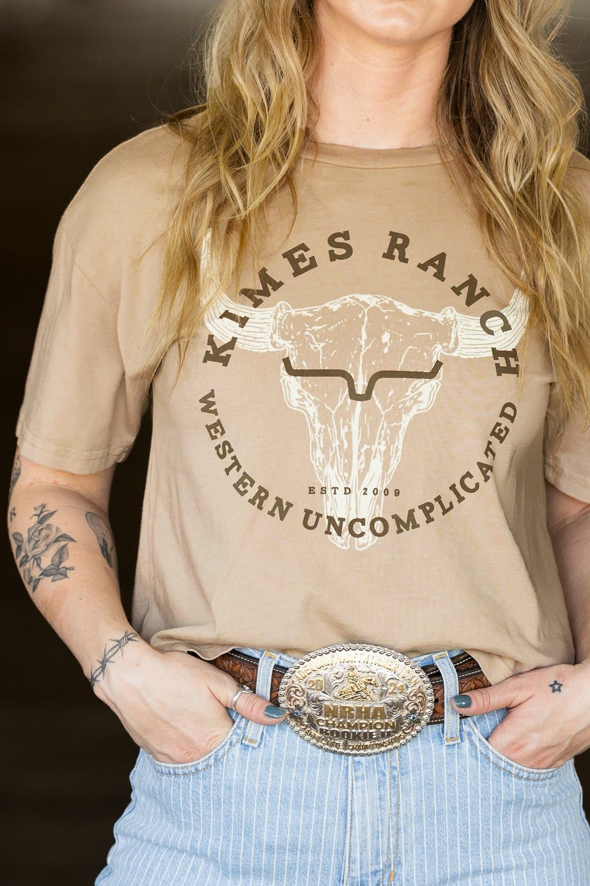 Kimes Ranch Bison Skull shirt in Tan with a graphic print of a steer skull and the words Kimes Ranch Western Uncomplicated