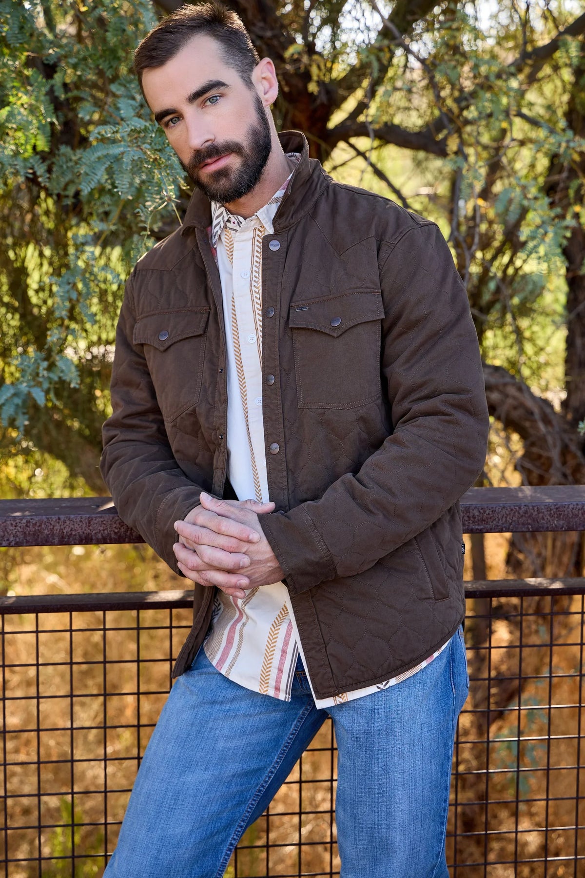 Kimes Ranch Dickson Shacket in Dark Brown with a stand collar and two button flap chest pockets