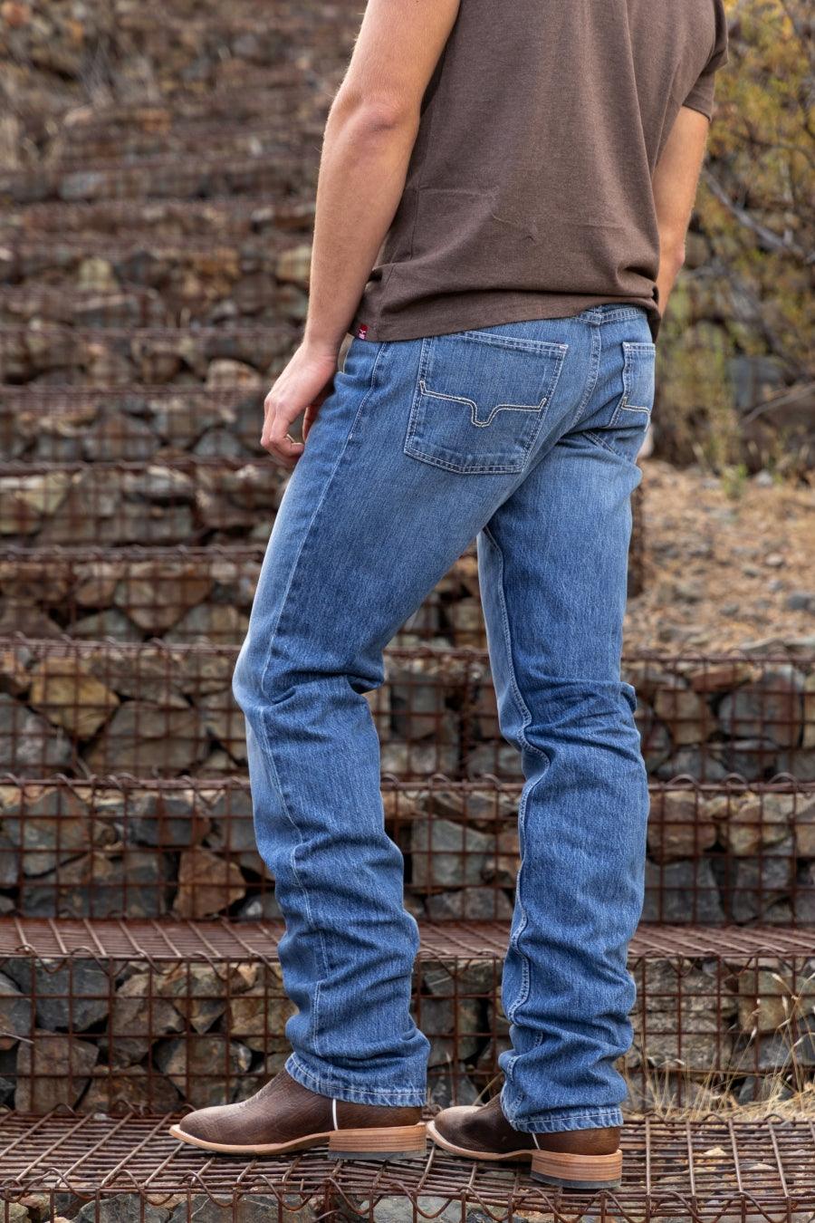 Kimes Ranch James Straight Fit Bootcut jeans in blue with contrast stitching and back pockets