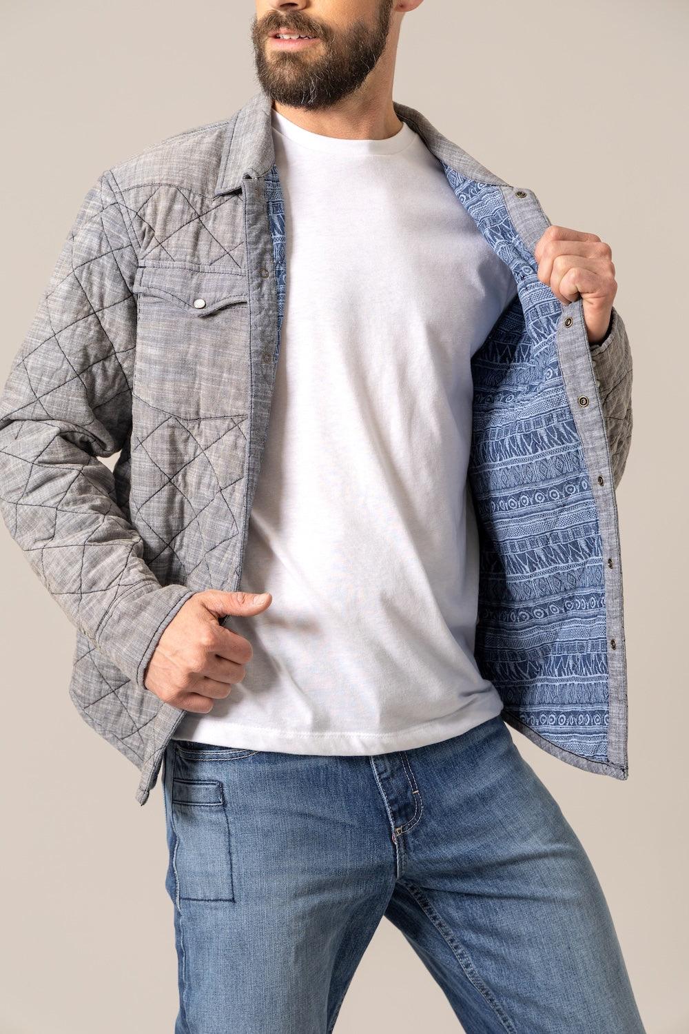 Kimes Ranch Westport Chambray jacket in grey with diamond quilting and blue patterned lining