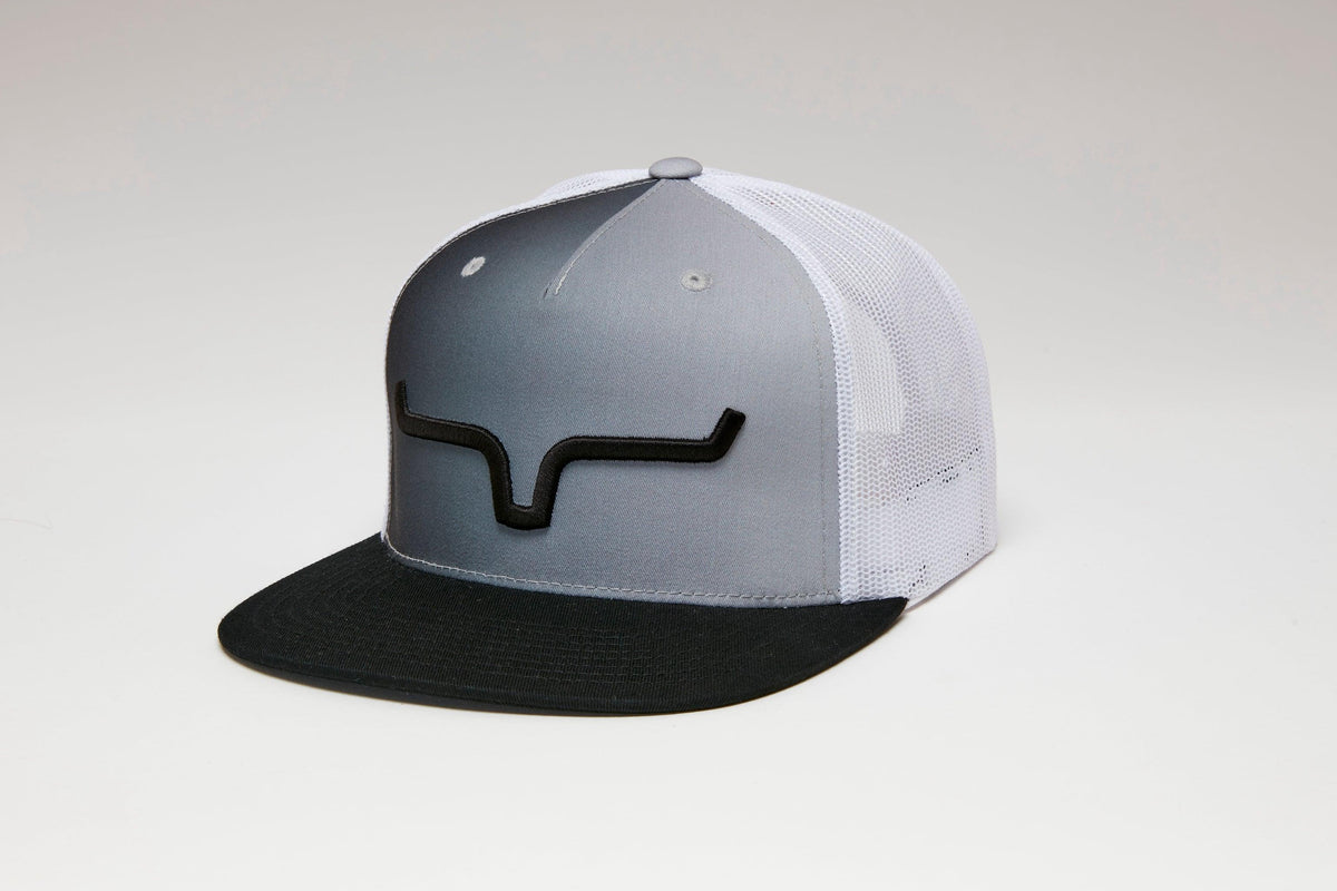 Kimes Ranch Wildstyle Weekly Hat in Monochrome, side view, with a black brim and embroidered Kimes Ranch logo