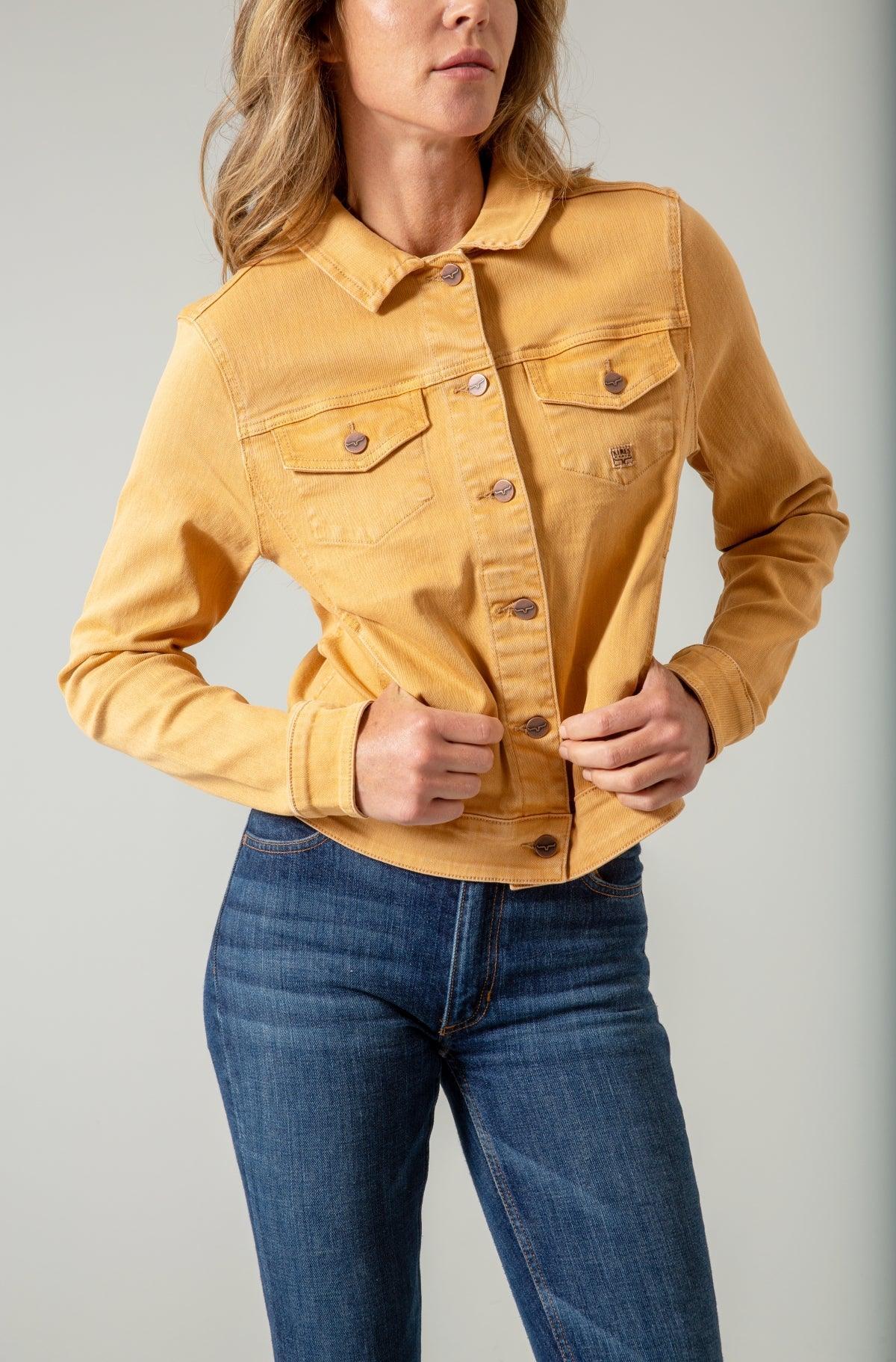 Kimes Ranch Winslow Trucker Jacket in Gold Earth with long sleeves and front button closure