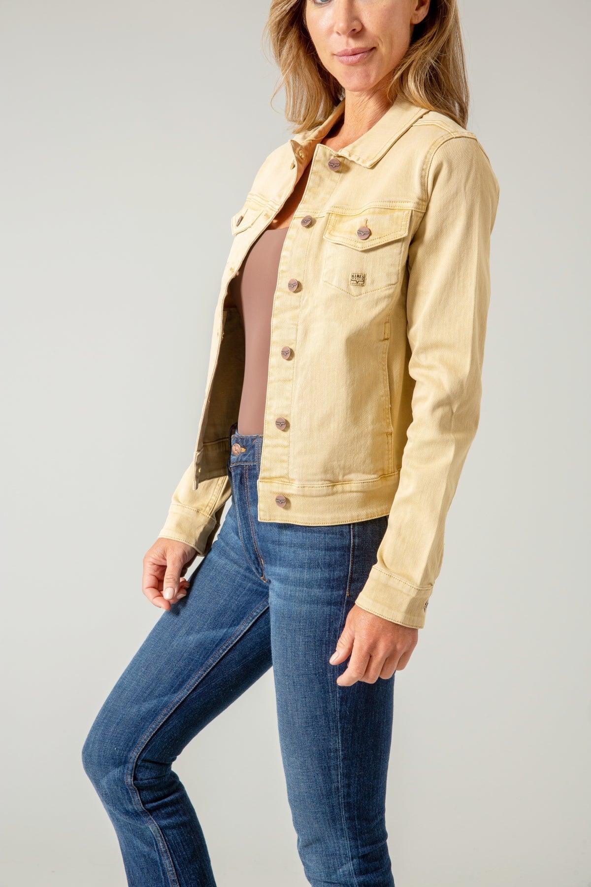 Kimes Ranch Winslow Trucker Jacket in Pale Khaki, side view, with button front and chest pockets
