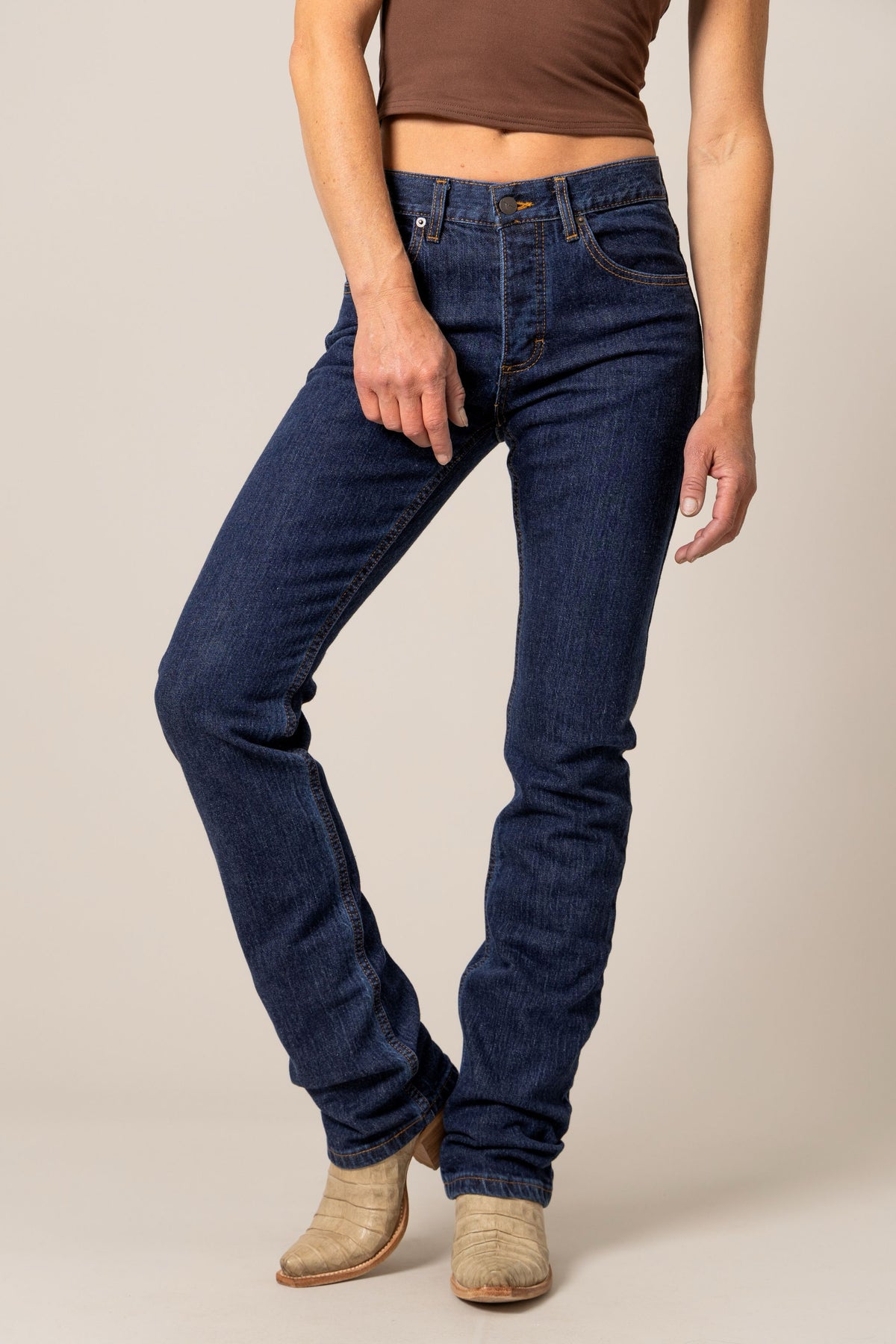 Kimes Ranch Wayne Slim Bootcut jeans in dark indigo with contrast stitching and five-pocket styling