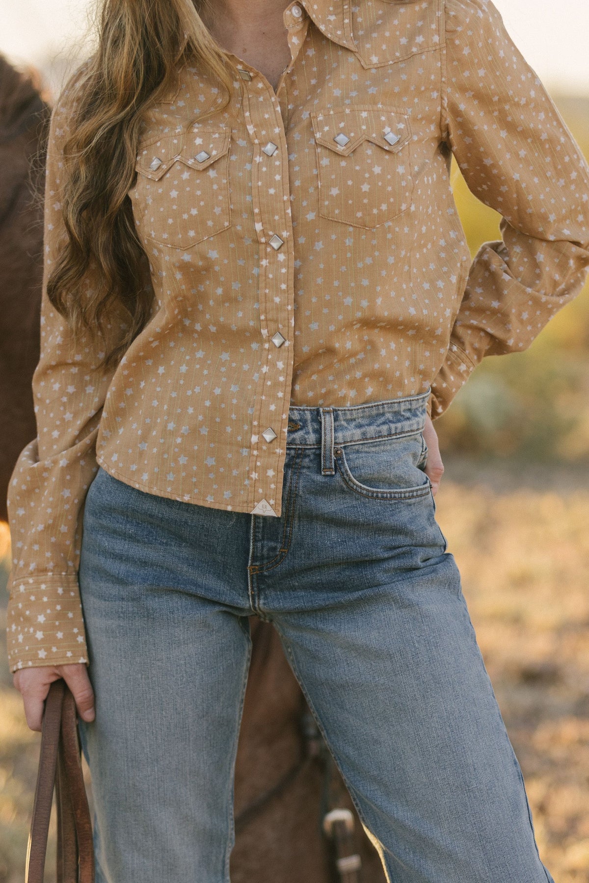 Kimes Ranch Etoile top in Tobacco with a white star print and silver snap buttons
