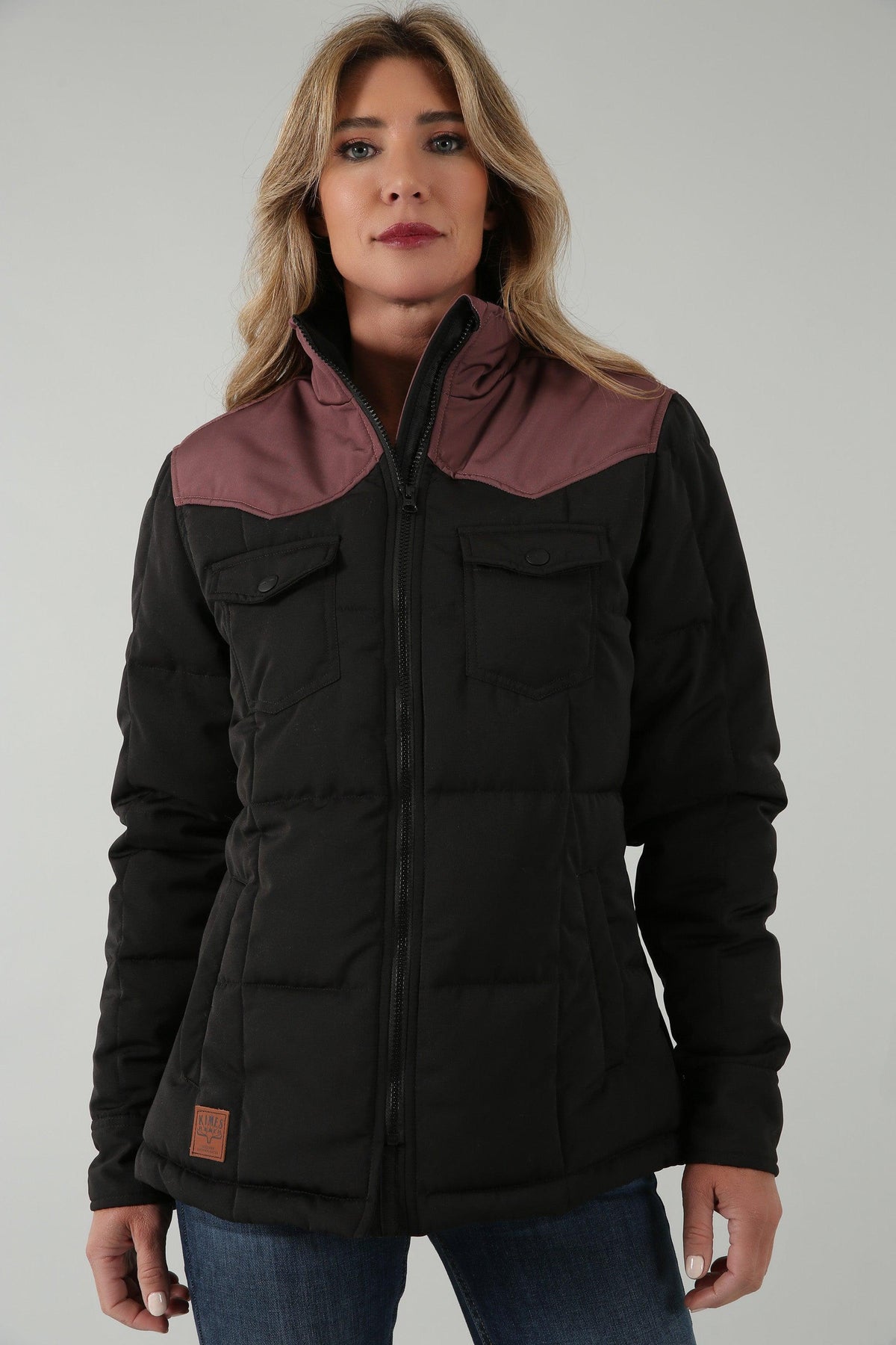 Kimes Ranch Wyldfire Jacket in Black with burgundy yoke and front pockets