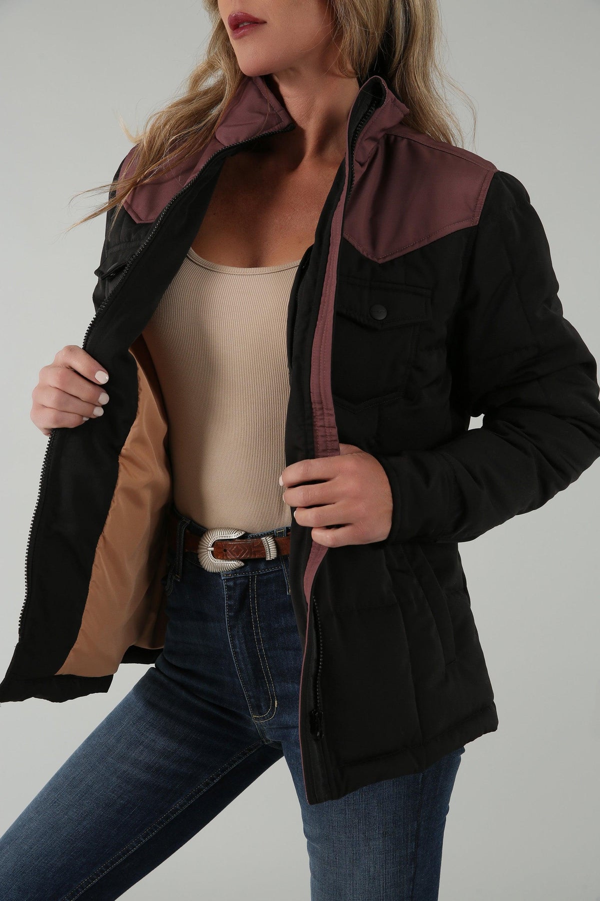 Kimes Ranch Wyldfire Jacket in Black with burgundy yoke and tan interior lining