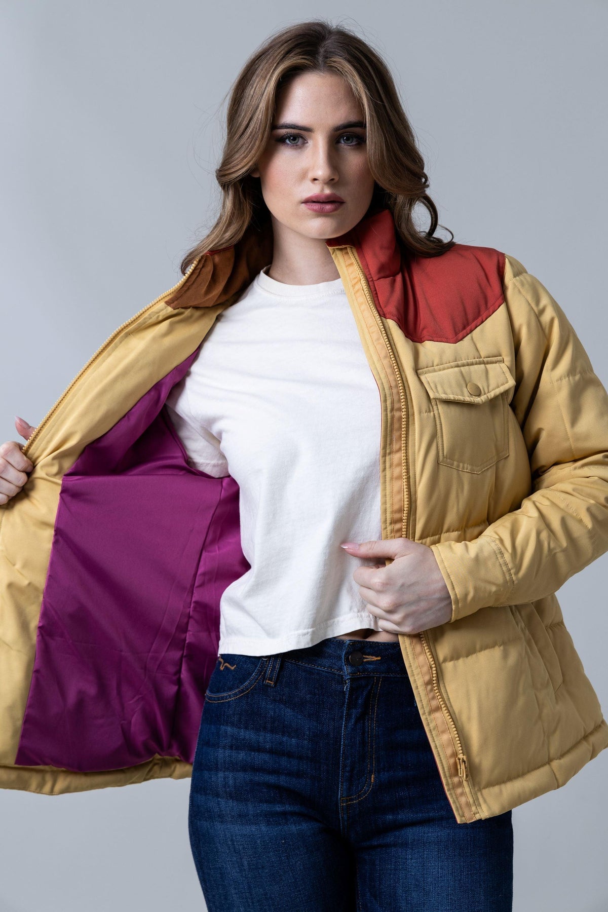 Kimes Ranch Wyldfire Jacket in Maize with red yoke and purple lining