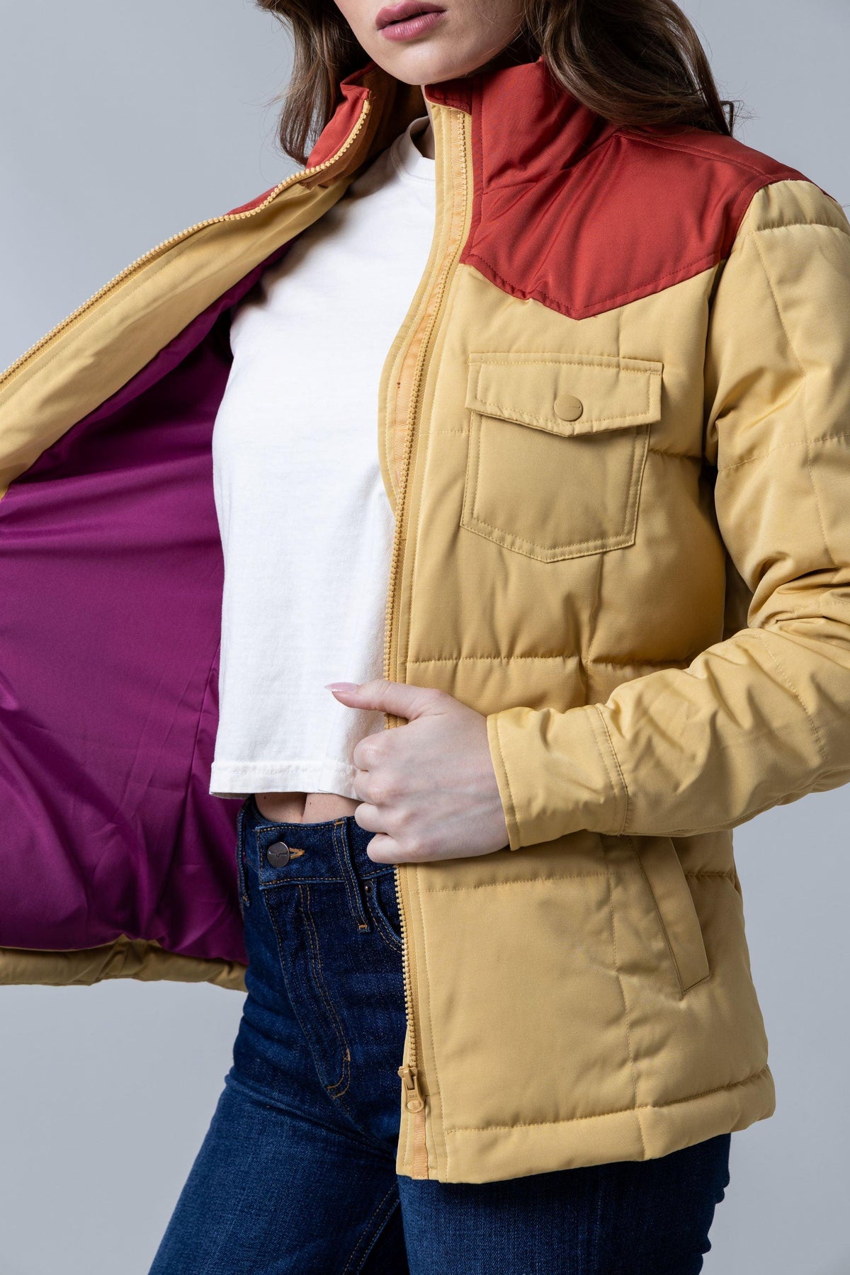 Kimes Ranch Wyldfire Jacket in Maize, side view, with red yoke and purple lining