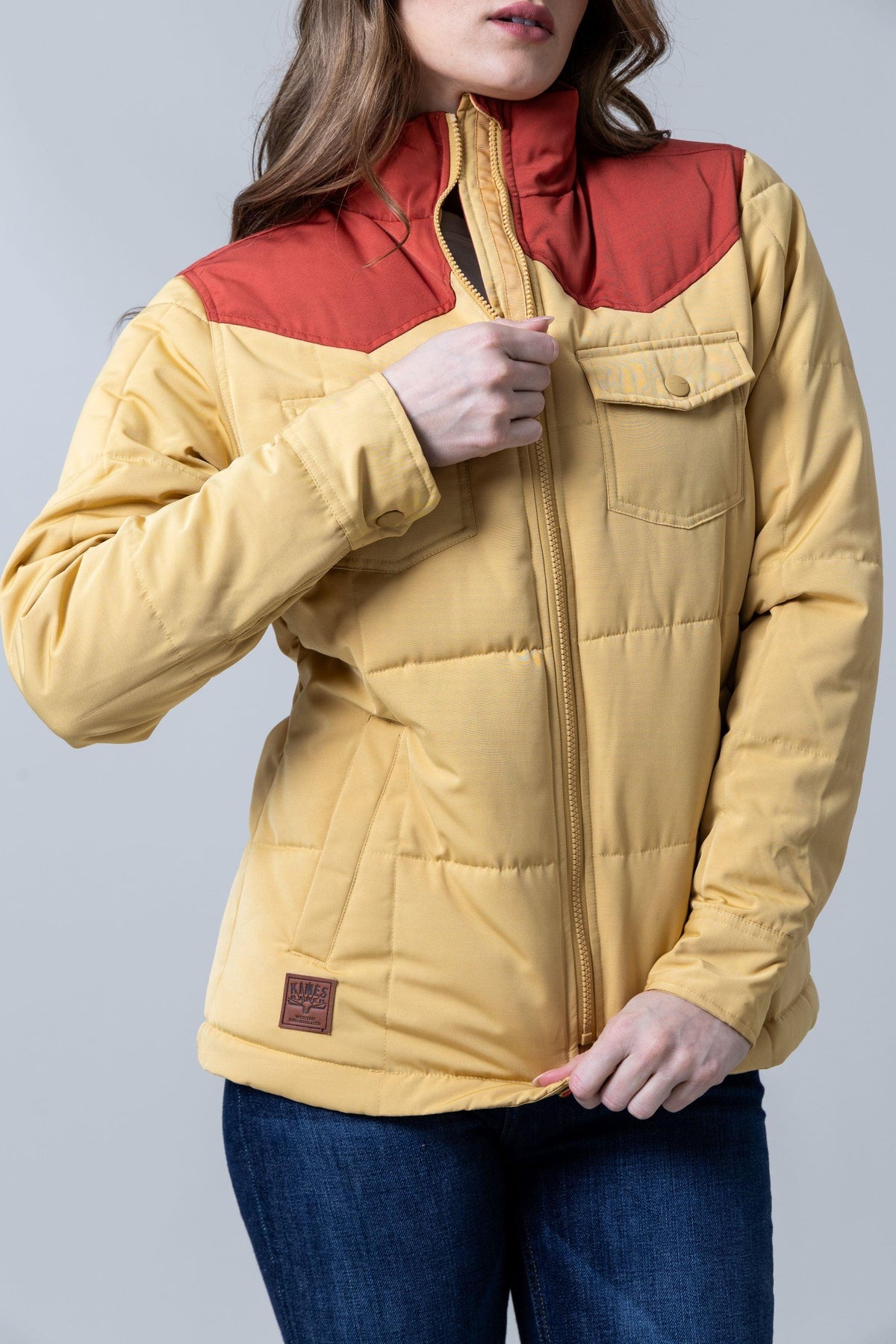 Kimes Ranch Wyldfire Jacket in Maize with a red yoke and front pockets