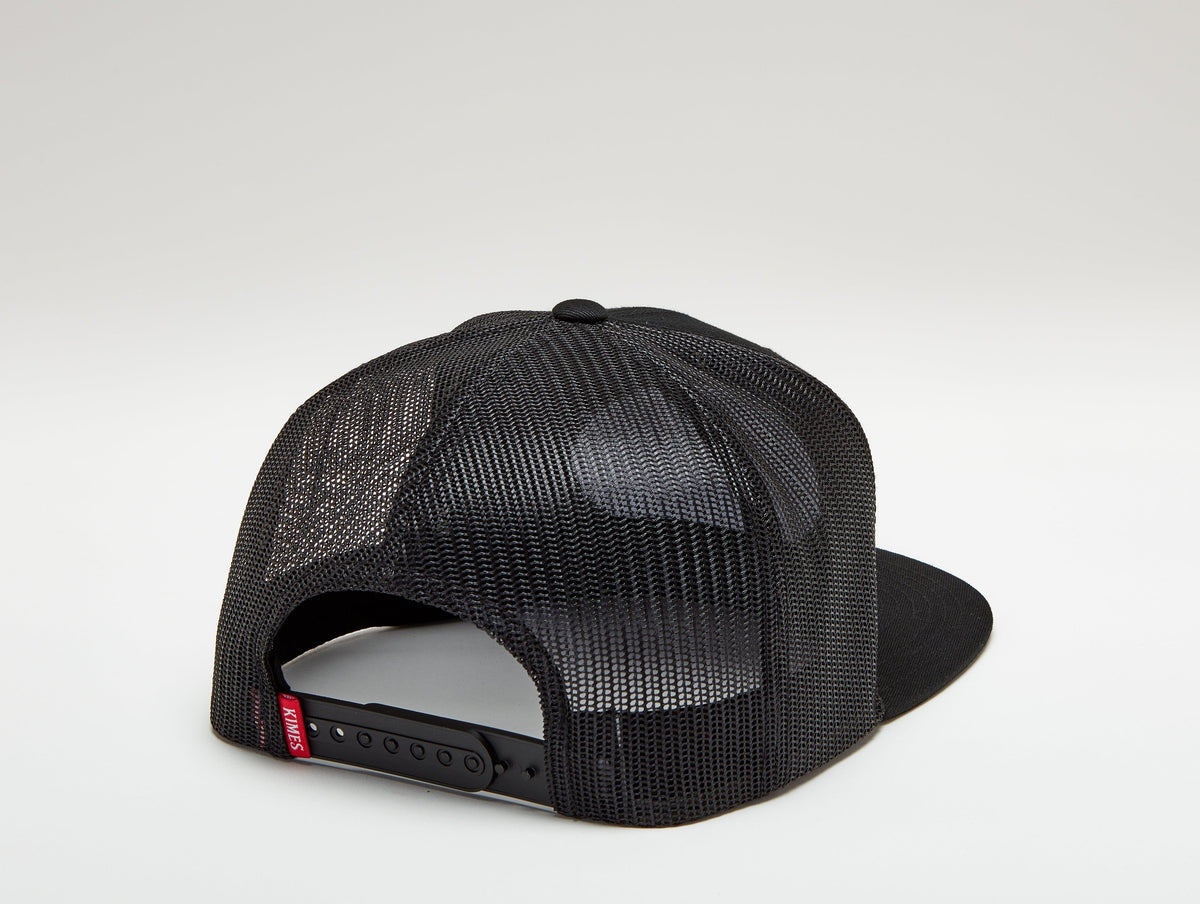 Kimes Ranch American Standard Trucker Hat, back view, in black with mesh back and snapback closure