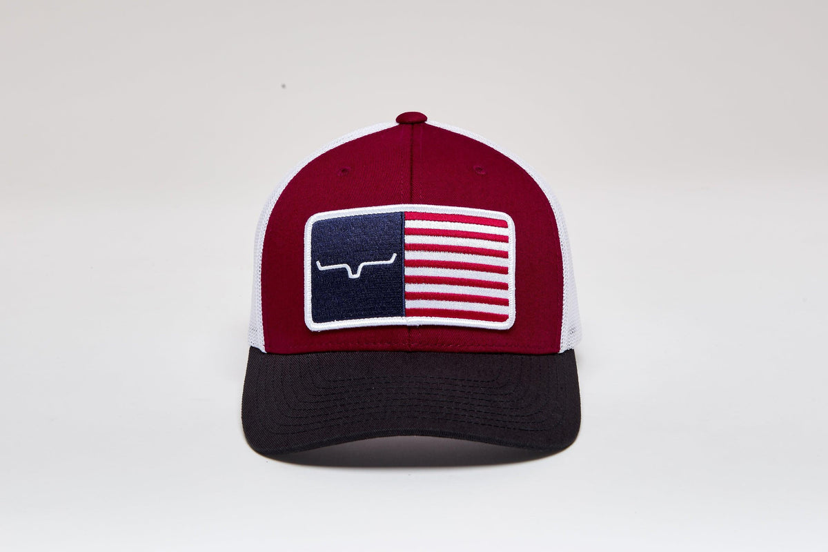 Kimes Ranch American Trucker Hat in Burgundy with white mesh back and a front patch featuring the Kimes Ranch logo