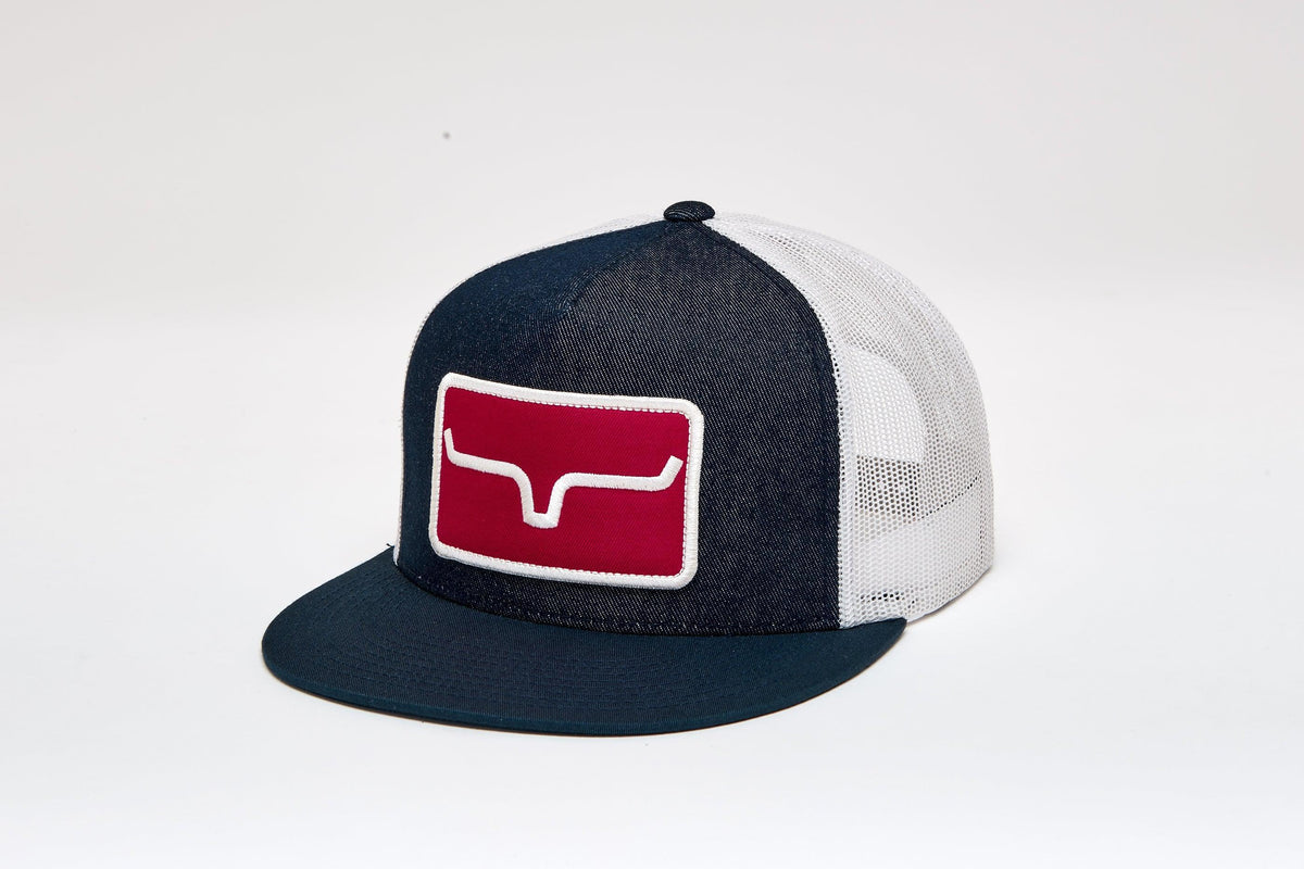 Kimes Ranch Banner Ventilated Hat, side view, with a red logo patch and white mesh back