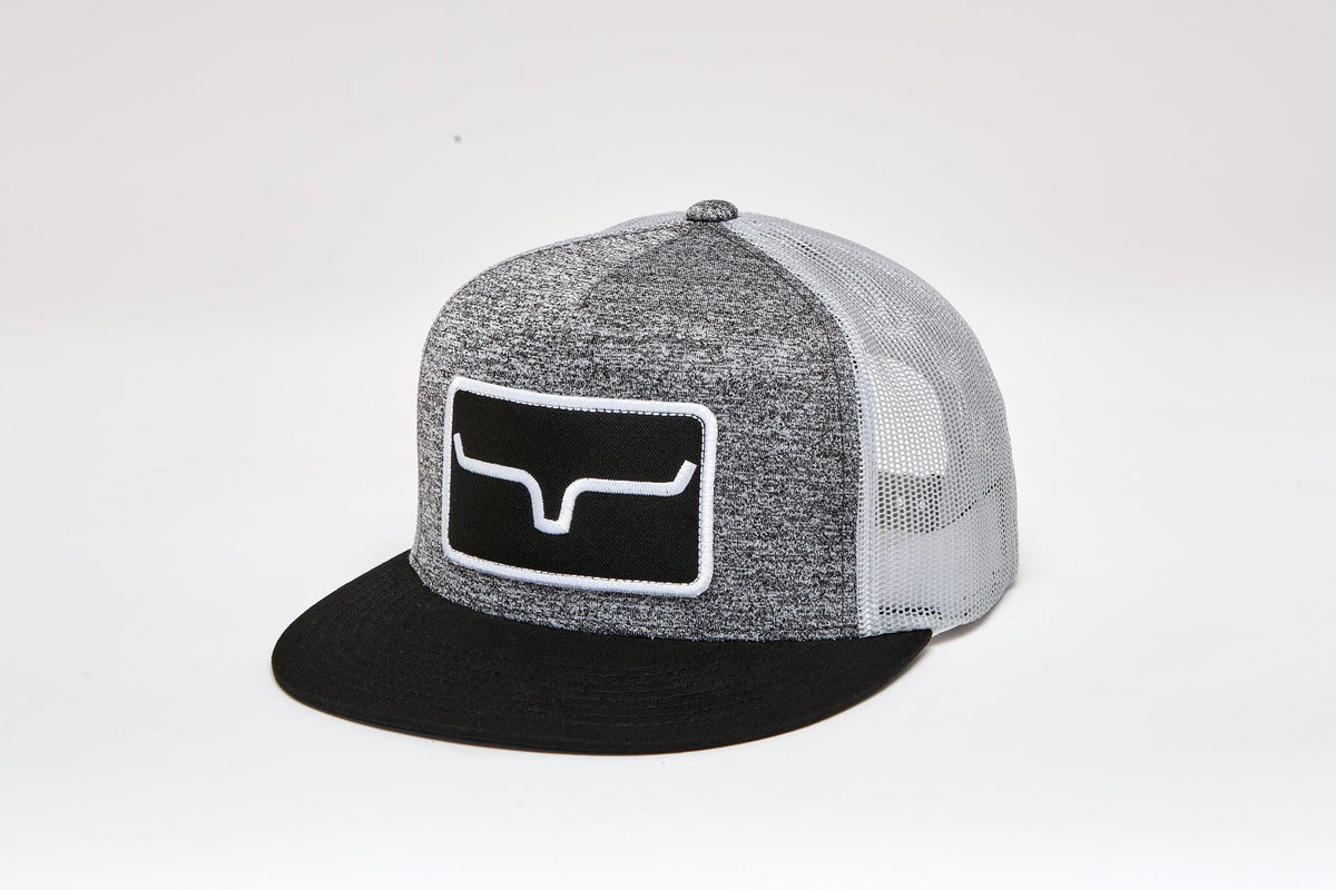 Kimes Ranch Banner Ventilated Hat in Grey Heather, side view, with a black brim and the Kimes Ranch logo on the front