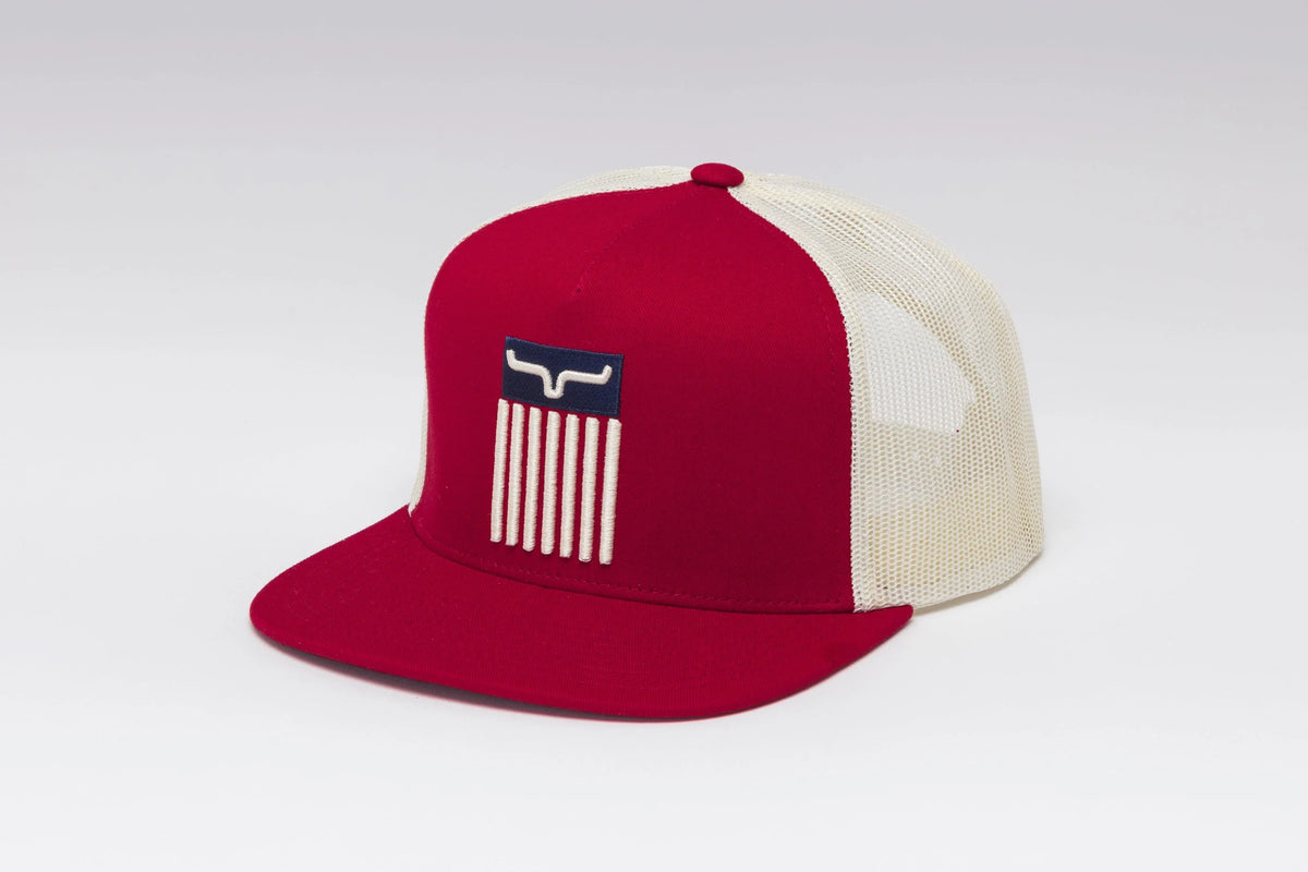 Kimes Ranch Cody Trucker hat in Red, side view, with cream mesh back and embroidered logo patch on front
