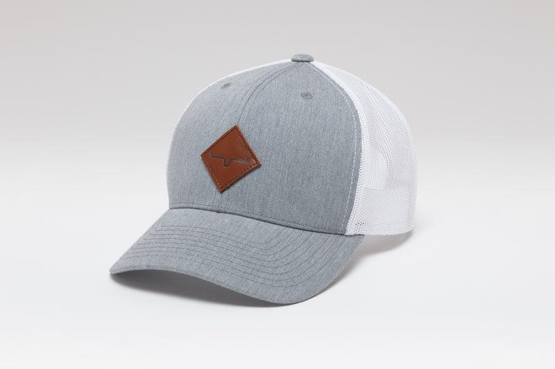 Kimes Ranch Diamond Hat, side view, in grey heather with white mesh back and brown logo patch
