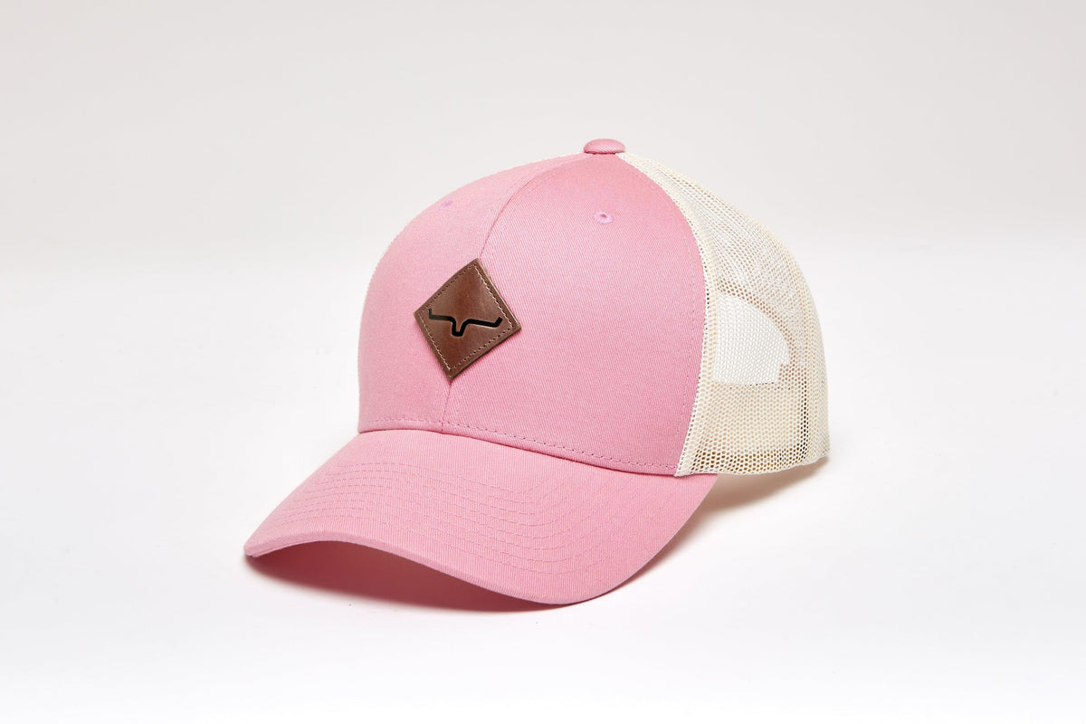 Kimes Ranch Diamond Hat in Light Pink, side view, with cream mesh back and brown logo patch