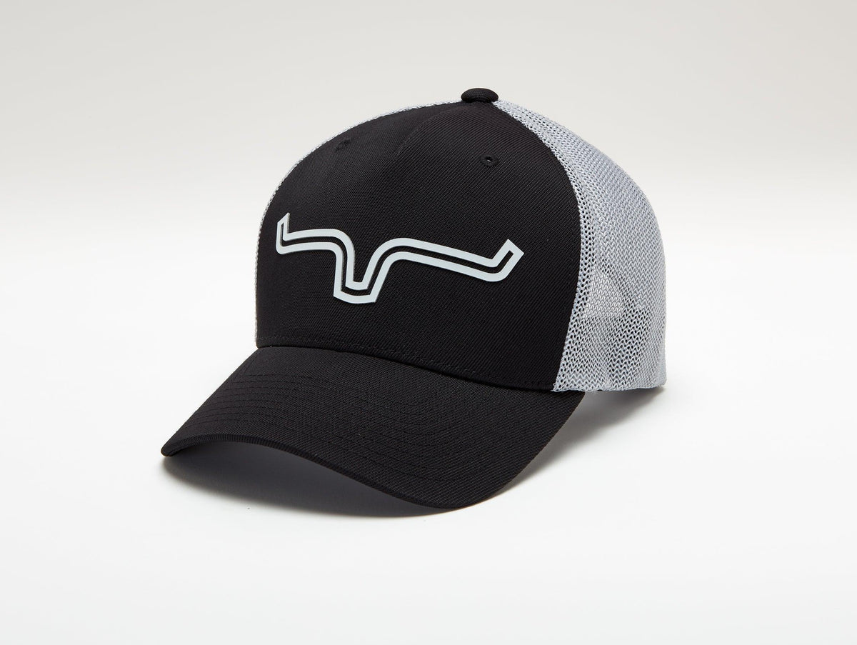 Kimes Ranch 110 Double Trac Trucker Hat in Black, side view, with a white logo on the front and mesh back panels