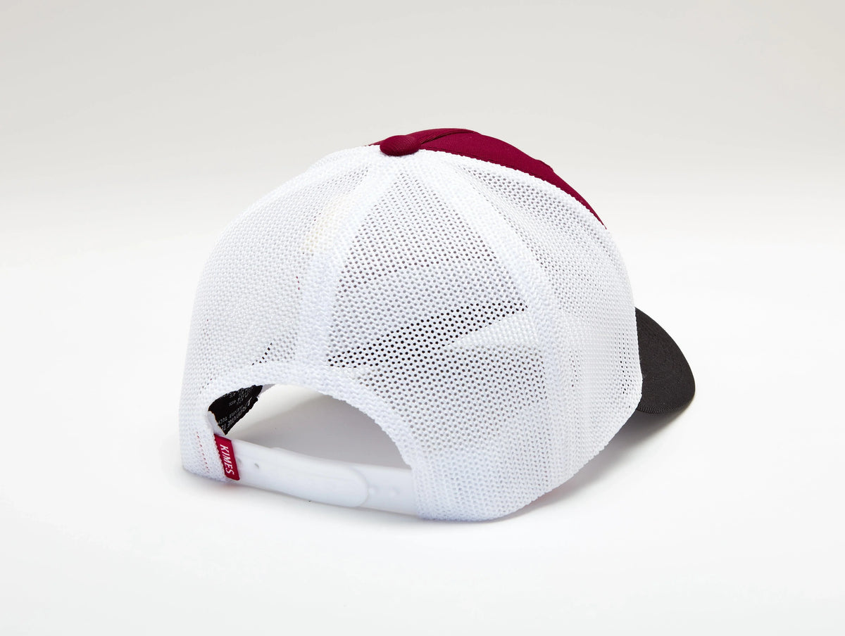 Kimes Ranch 110 Double Trac Trucker Hat, back view, with white mesh back and maroon front panel