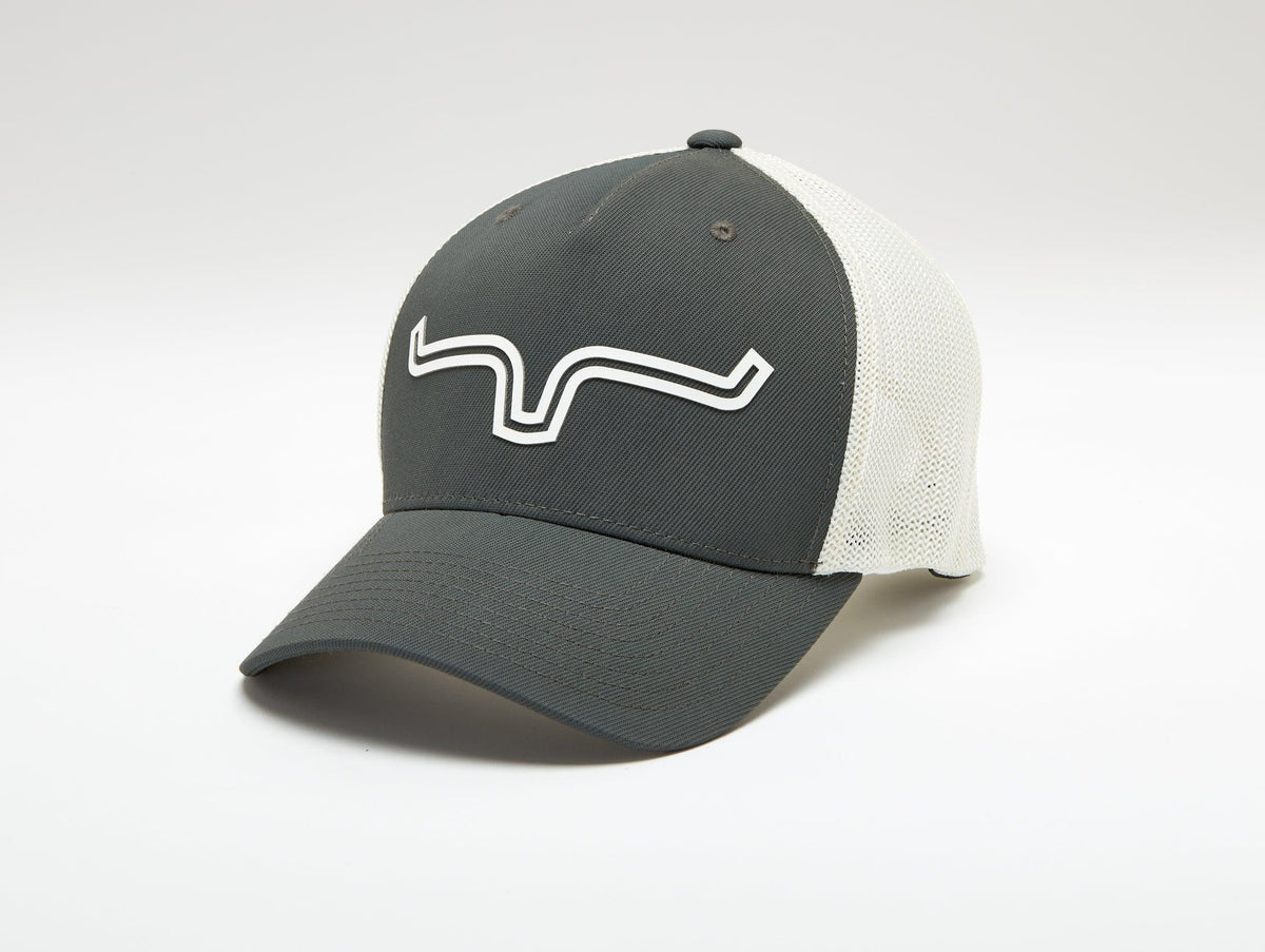 Kimes Ranch 110 Double Trac Trucker Hat in Graphite, side view, with white mesh back and logo