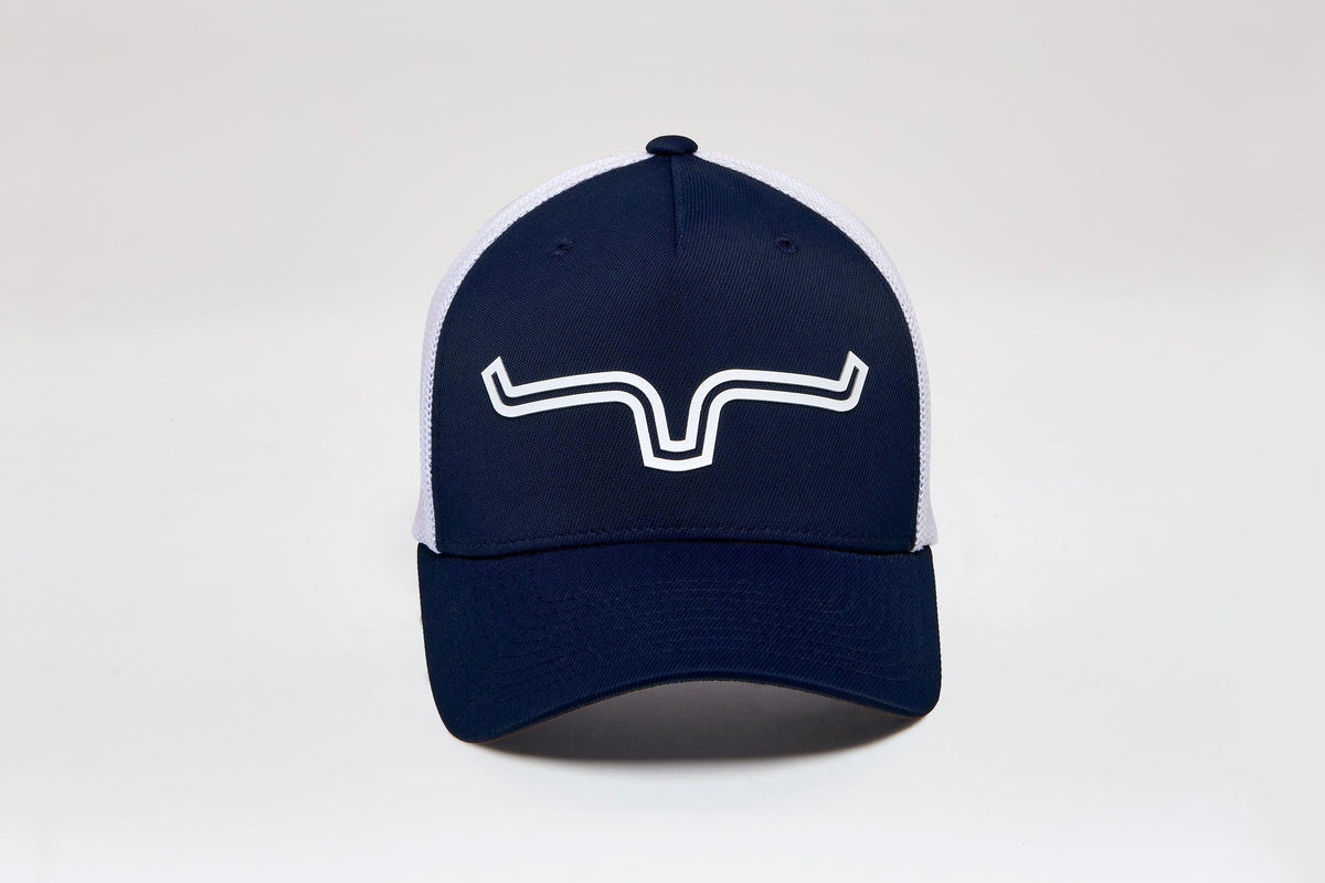 Kimes Ranch 110 Double Trac Trucker Hat in navy with white mesh back and logo
